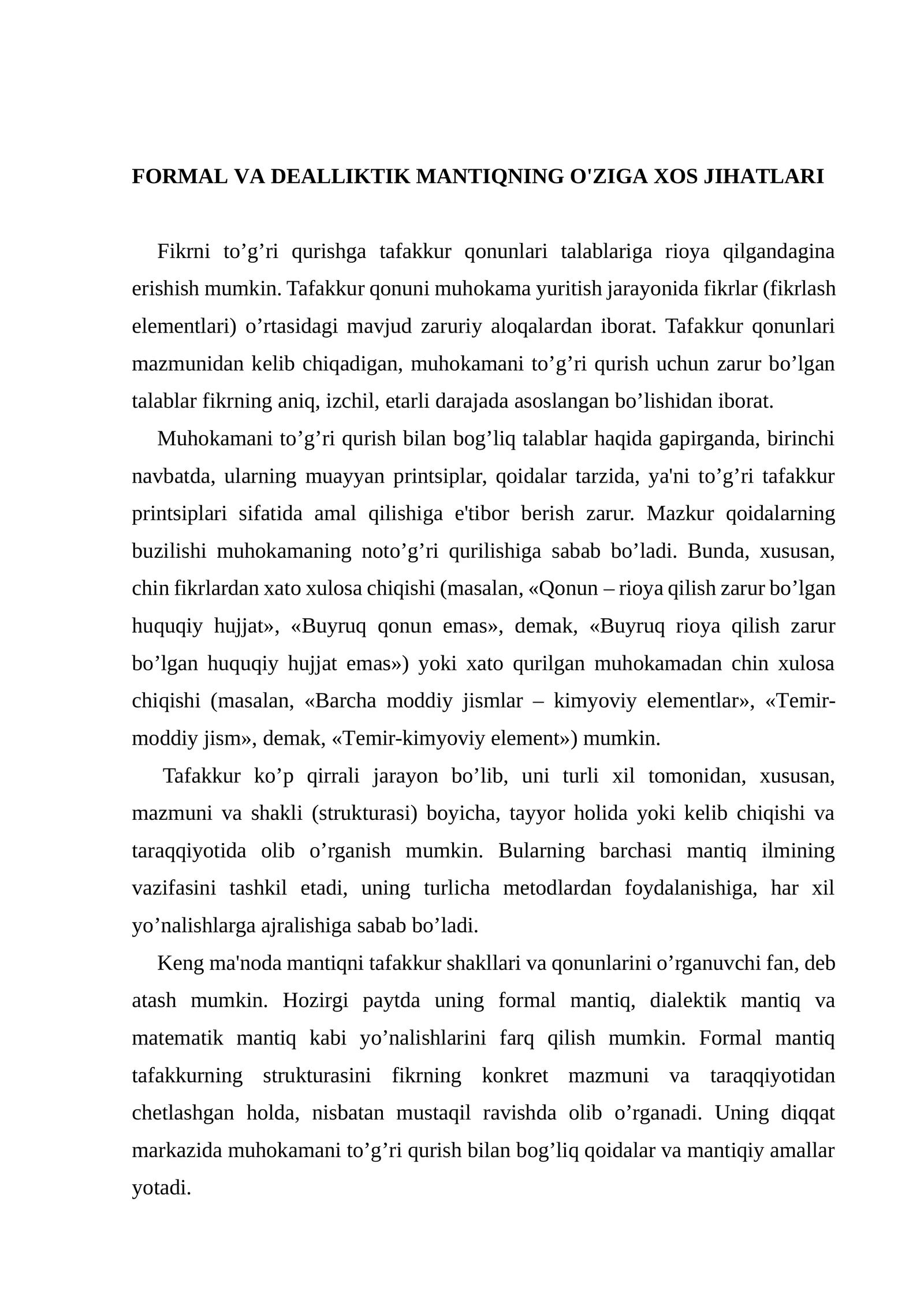 FORMAL VA DEALLIKTIK MANTIQNING O'ZIGA XOS JIHATLARI