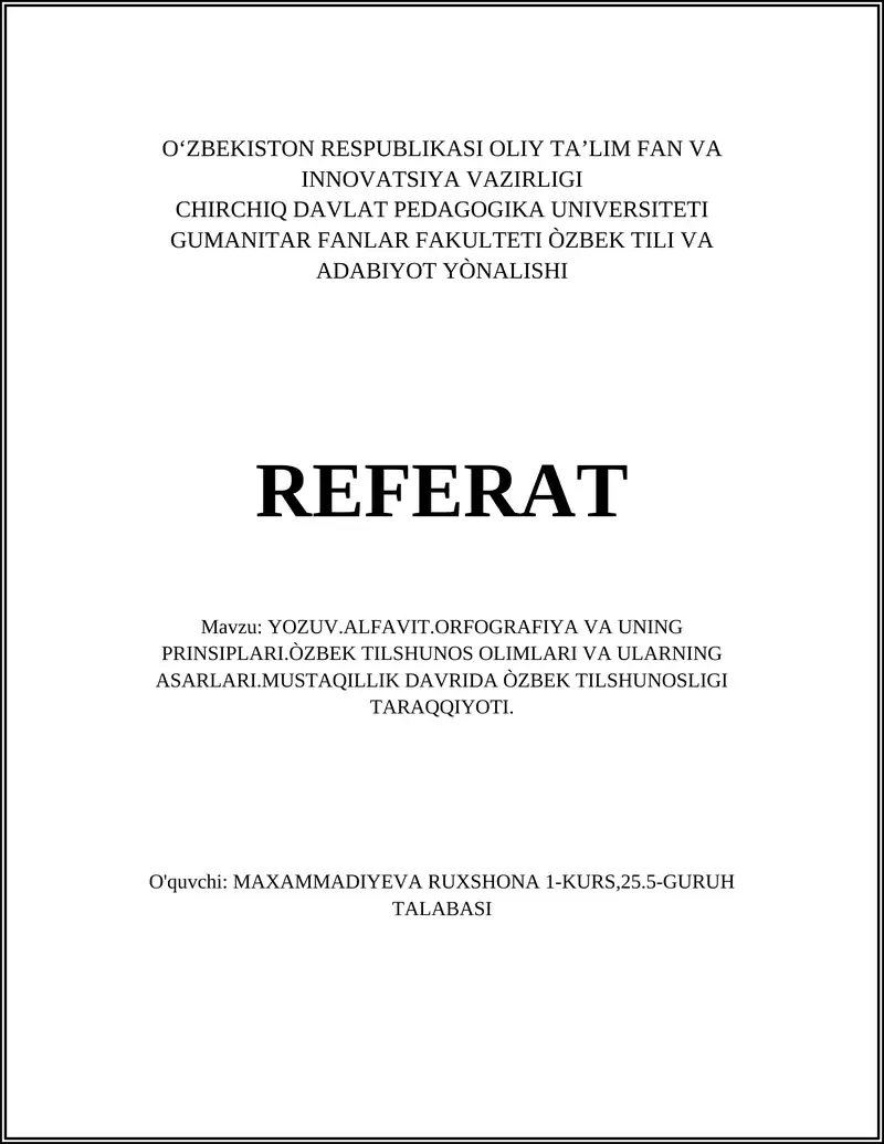 YOZUV.ALFAVIT.ORFOGRAFIYA VA UNING PRINSIPLARI