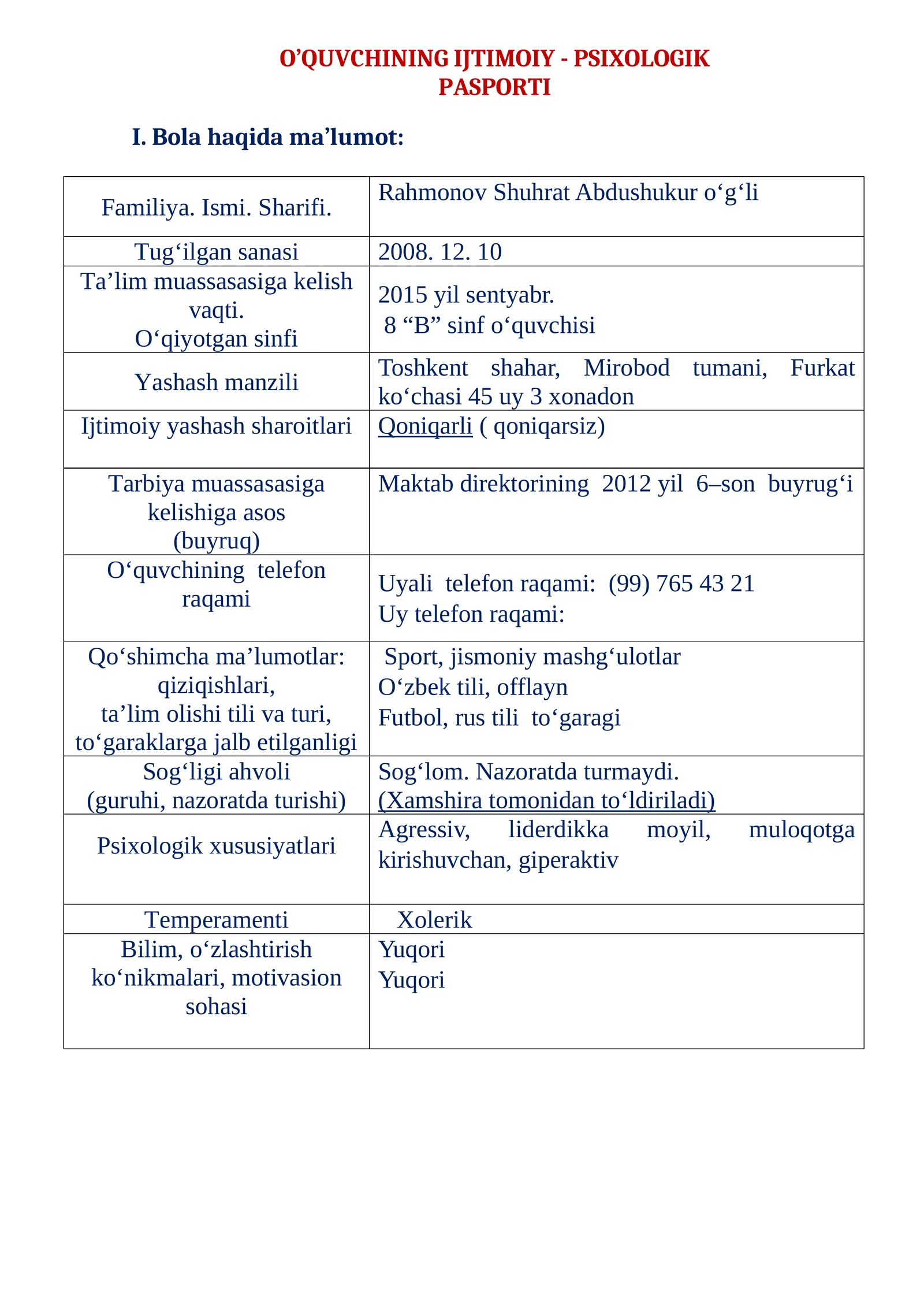 O’QUVCHINING IJTIMOIY - PSIXOLOGIK PASPORTI