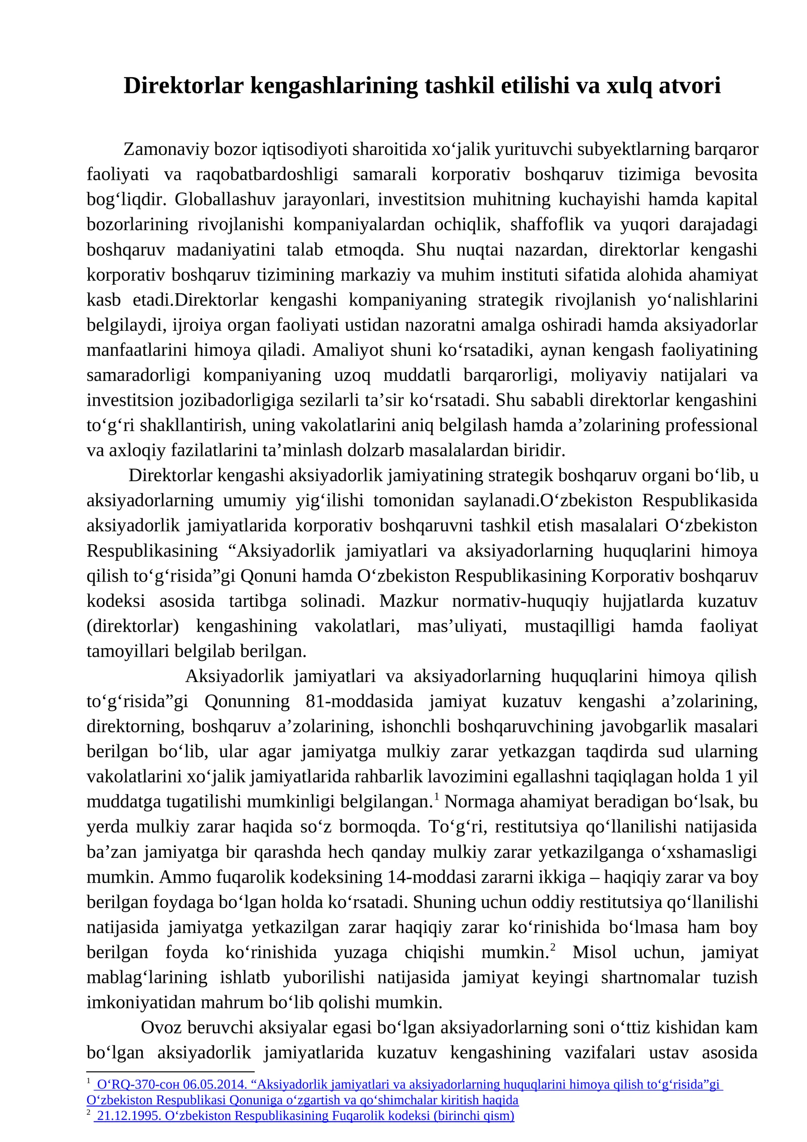 Direktorlar kengashlarining tashkil etilishi va xulq atvori