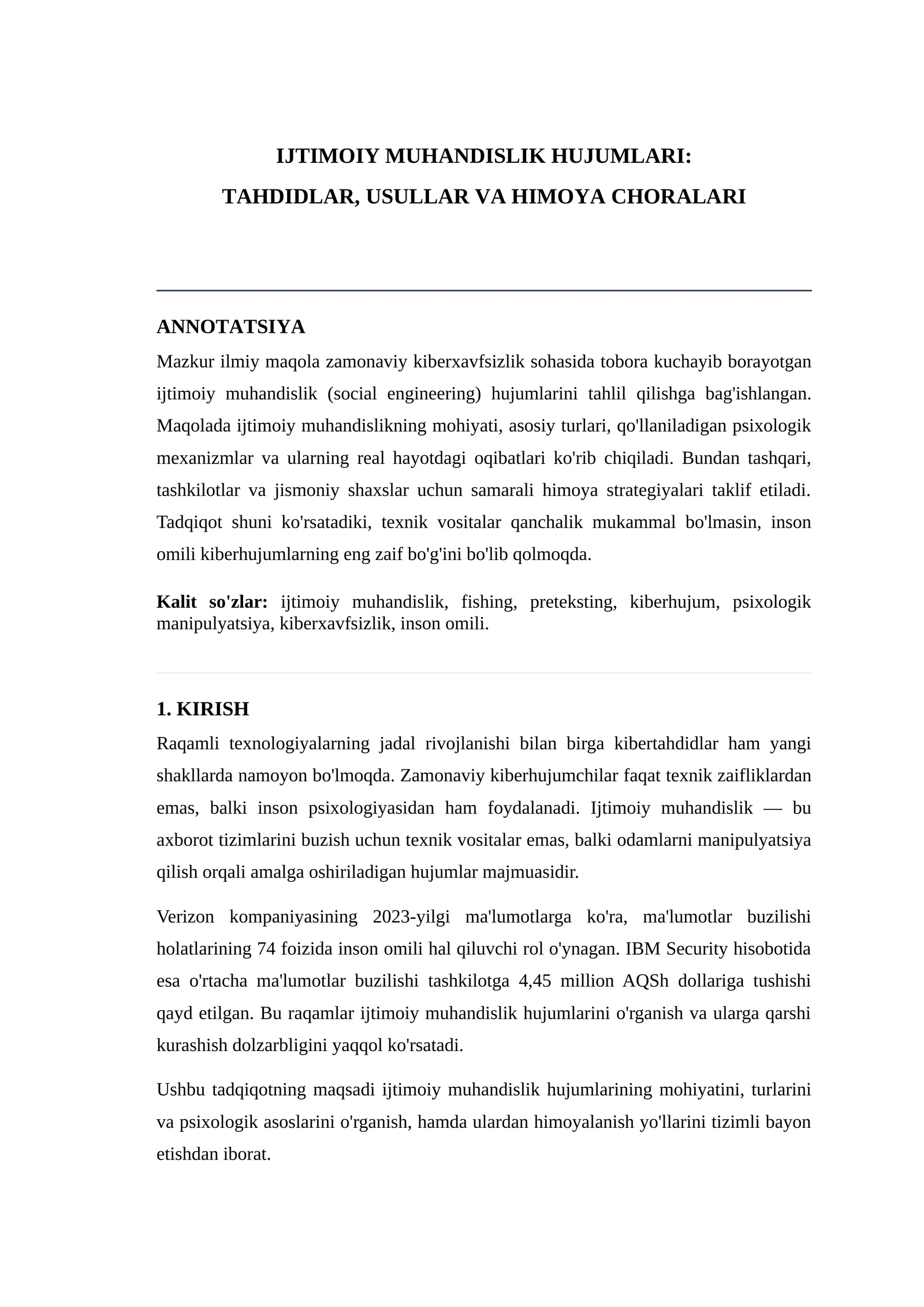 IJTIMOIY MUHANDISLIK HUJUMLARI: TAHDIDLAR, USULLAR VA HIMOYA CHORALARI