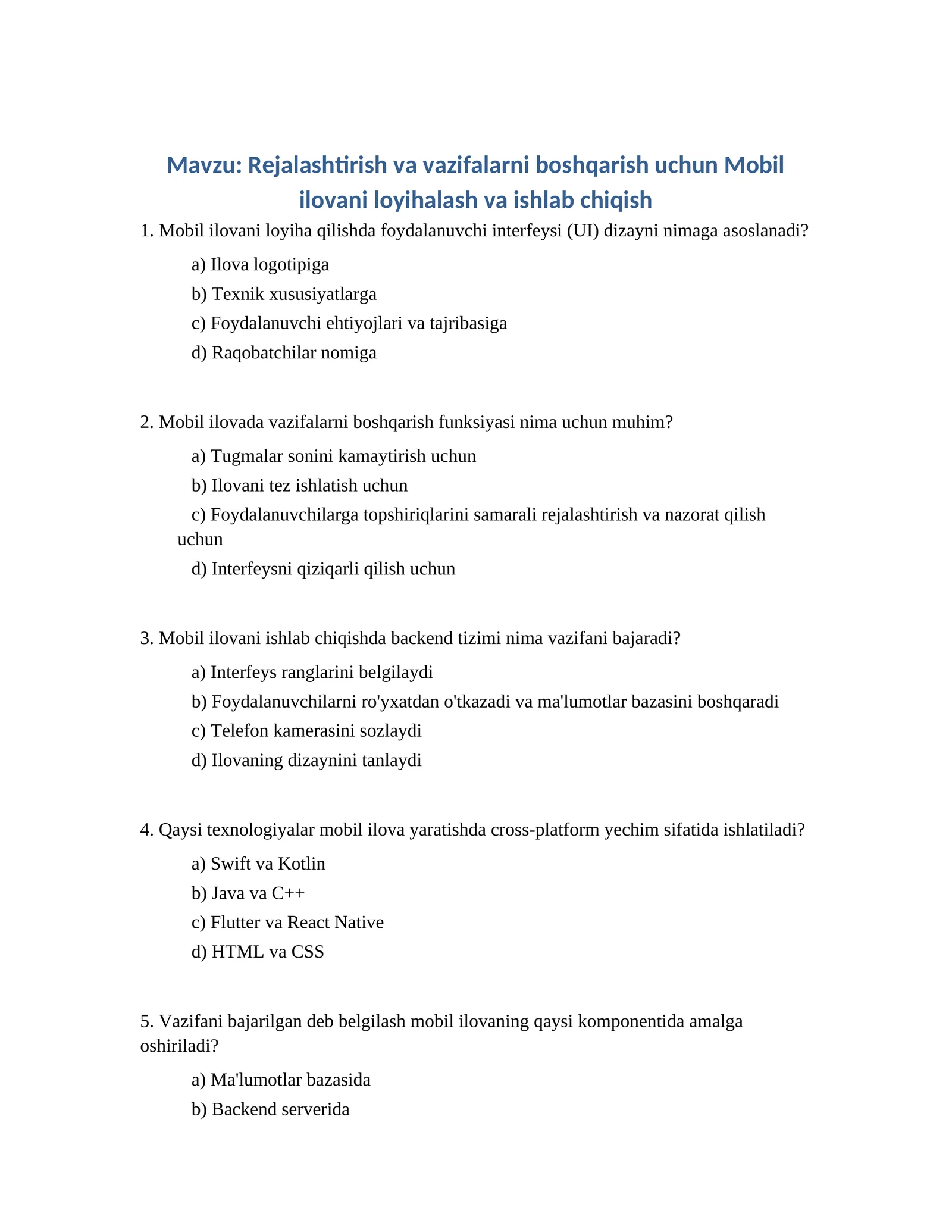 Rejalashtirish va vazifalarni boshqarish uchun Mobil ilovani loyihalash va ishlab chiqish