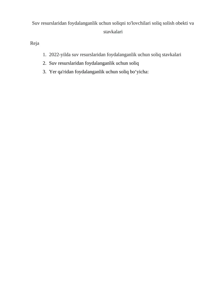 Suv resurslaridan foydalanganlik uchun soliqni to'lovchilari soliq solish obekti va stavkalari