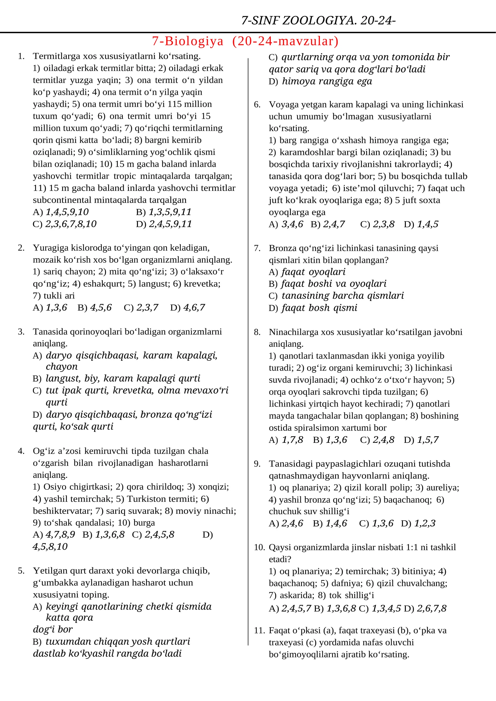 7-SINF ZOOLOGIYA. 20-24-MAVZULAR