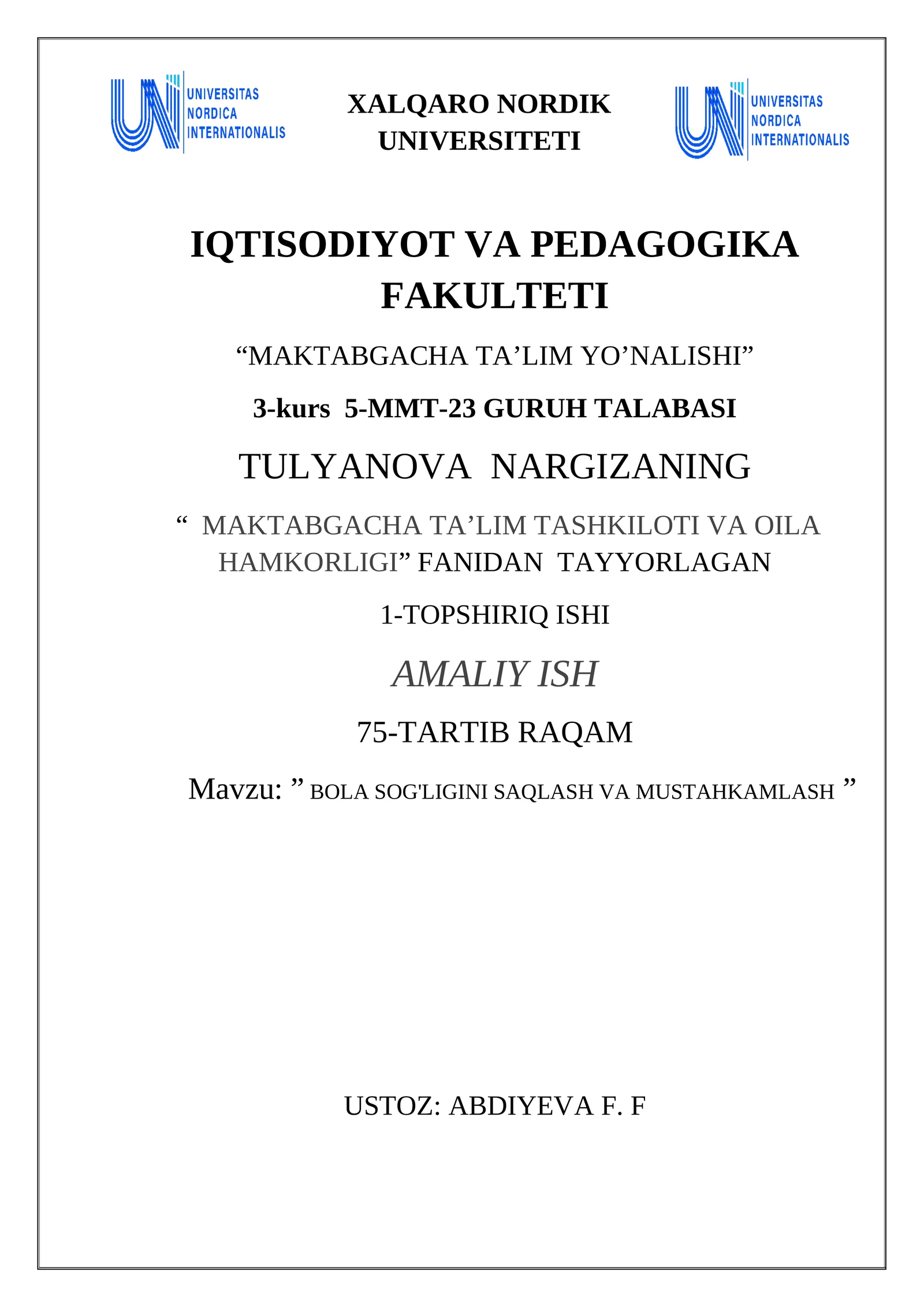 BOLA SOG'LIGINI SAQLASH VA MUSTAHKAMLASH