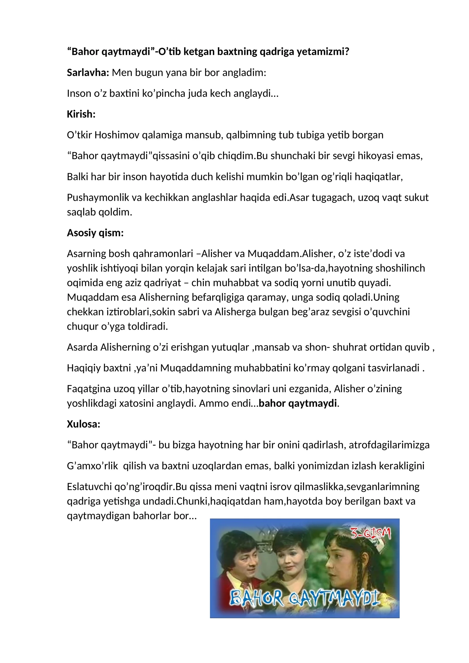 Bahor qaytmaydi asar