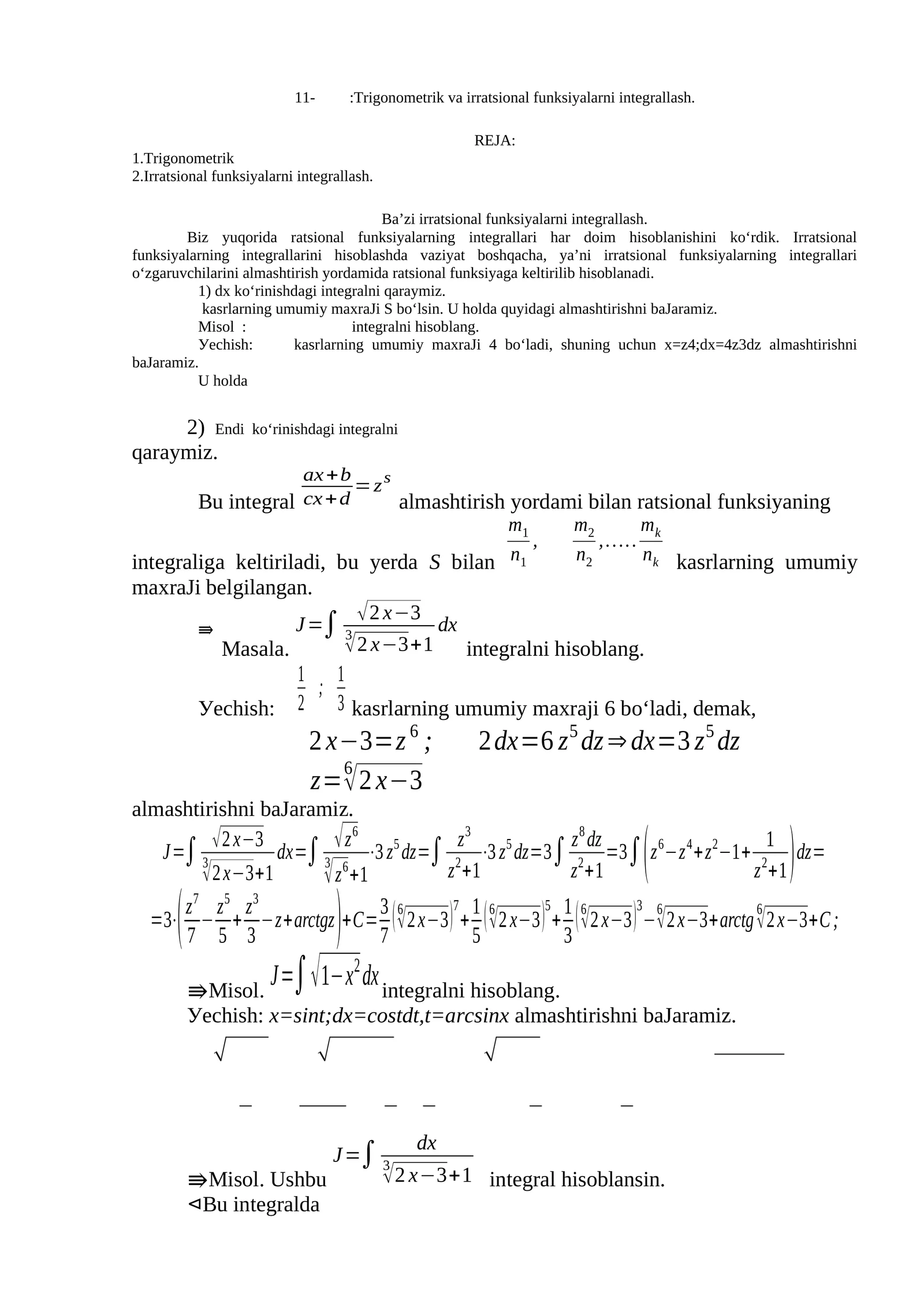 Trigonometrik va Irratsional funksiyalarni integrallash