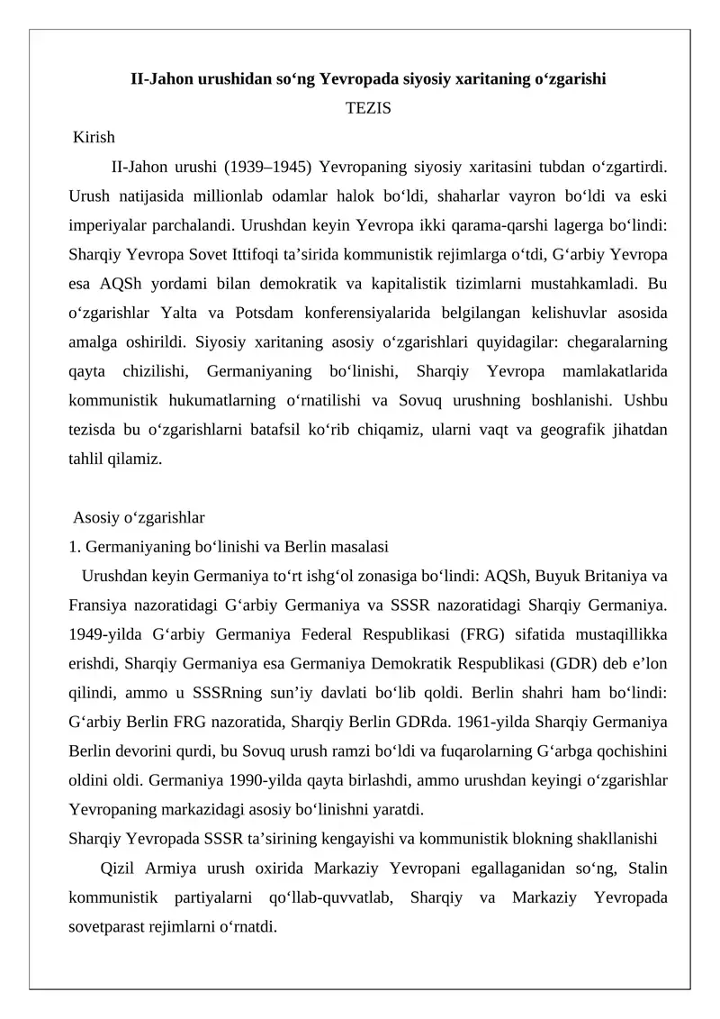 Yevropada siyosiy xaritaning o‘zgarishi