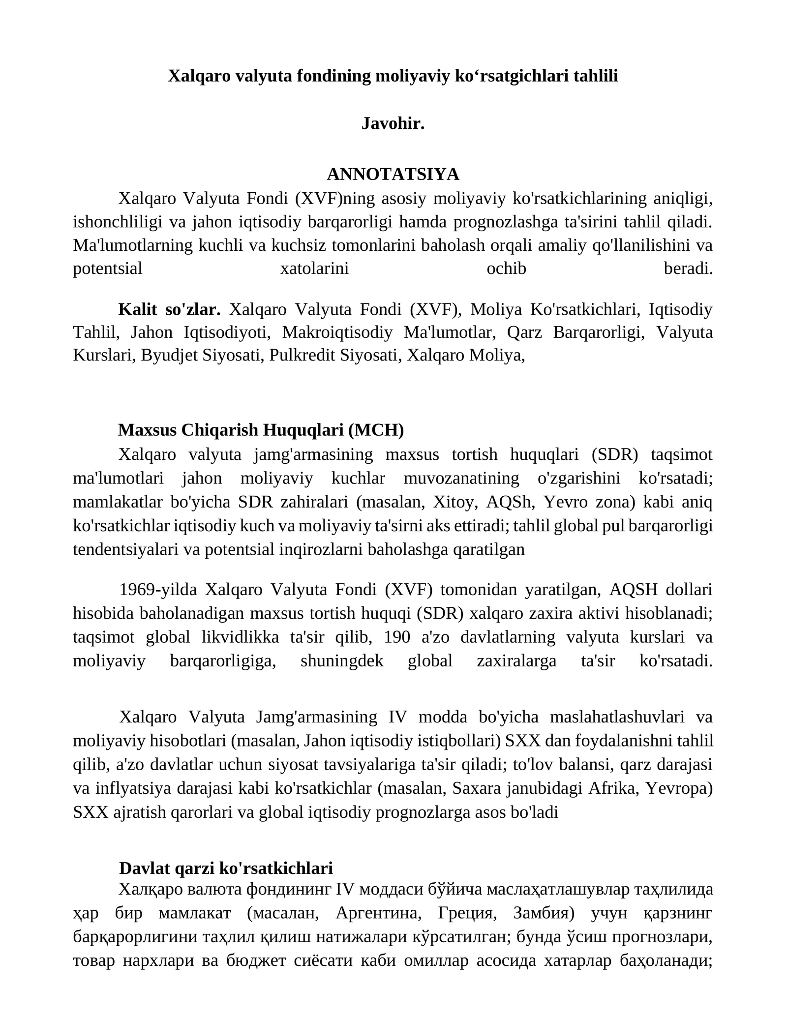 Xalqaro valyuta fondining moliyaviy koʻrsatgichlari tahlili