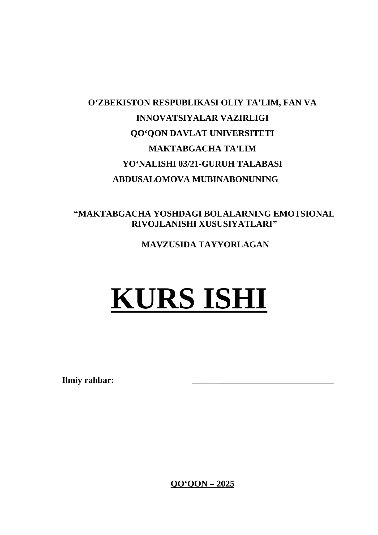 MAKTABGACHA YOSHDAGI BOLALARNING EMOTSIONAL RIVOJLANISHI XUSUSIYATLARI