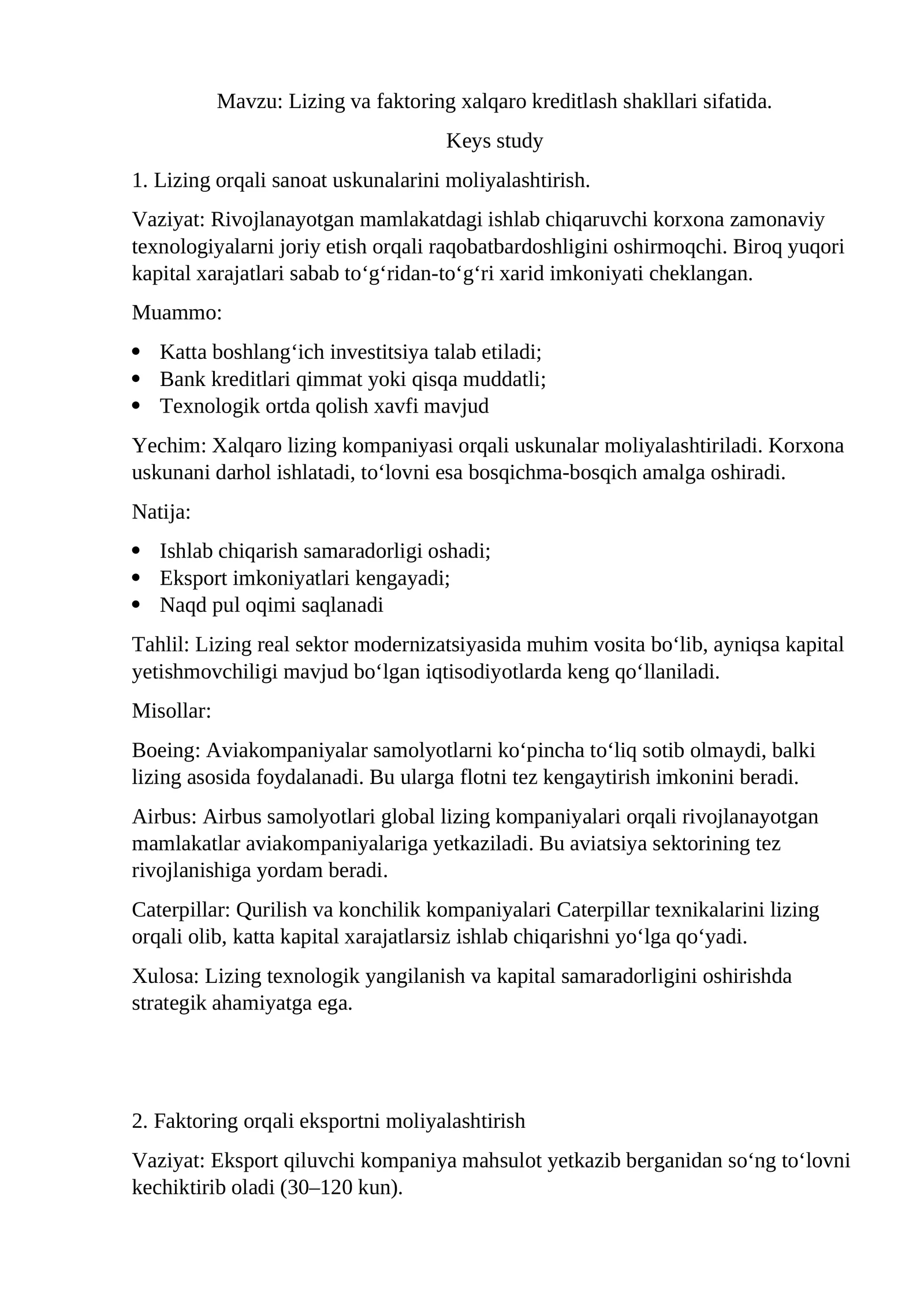 Lizing va faktoring shakllari mavzusida keys study
