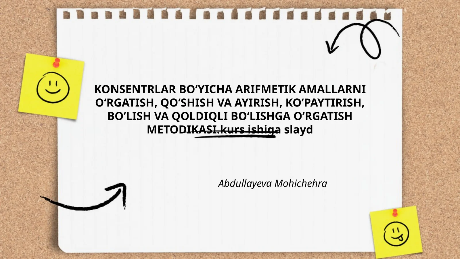 KONSENTRLAR BO‘YICHA ARIFMETIK AMALLARNI O‘RGATISH, QO‘SHISH VA AYIRISH, KO‘PAYTIRISH, BO‘LISH VA QOLDIQLI BO‘LISHGA O‘RGATISH METODIKASI.kurs ishiga slayd