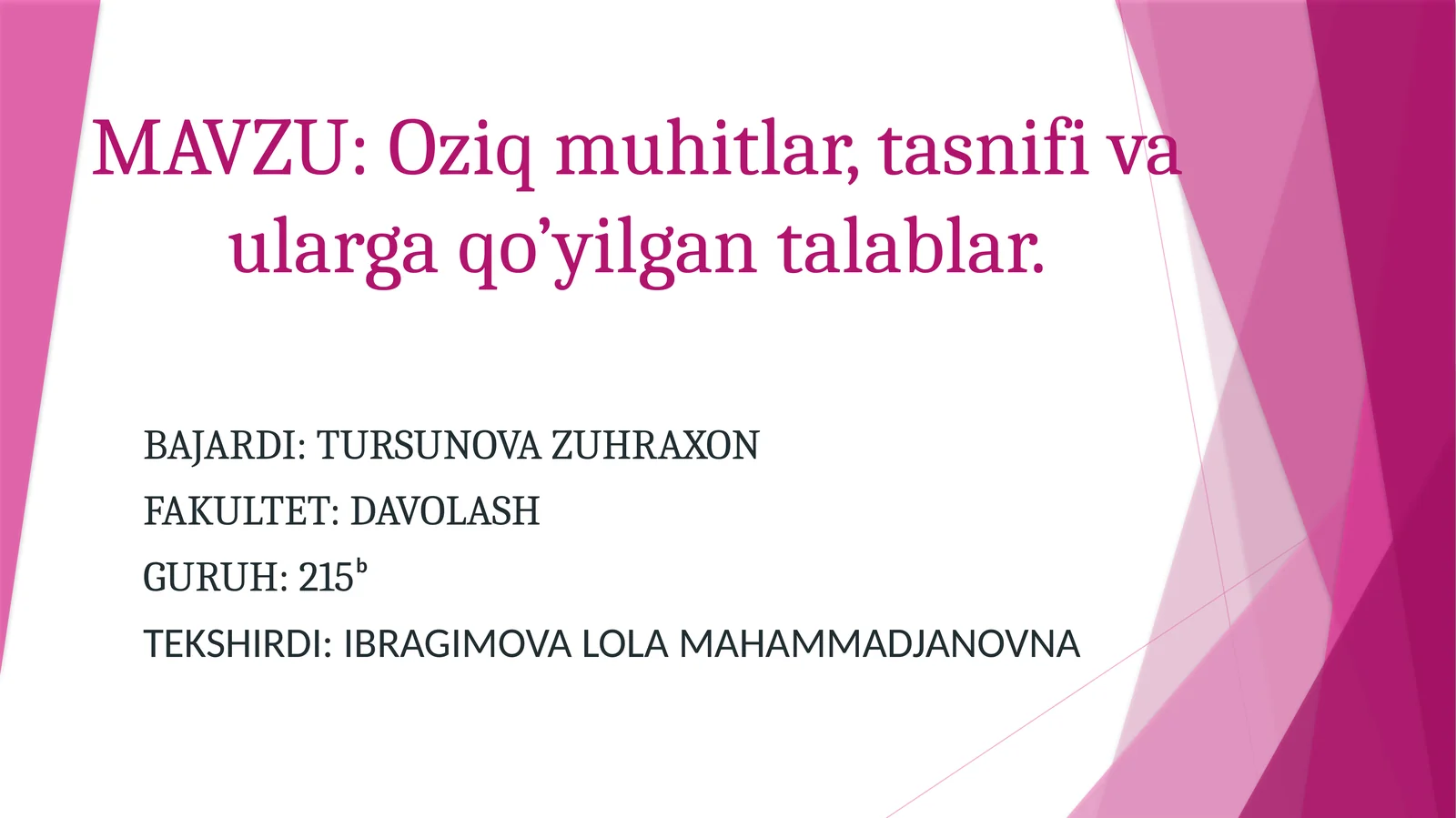 Oziq muhitlar, tasnifi va ularga qo’yilgan talablar