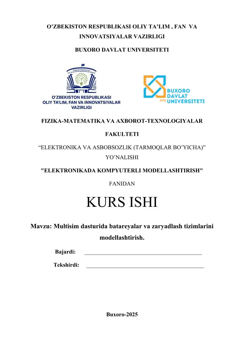 Multisim dasturida batareyalar va zaryadlash tizimlarini modellashtirish