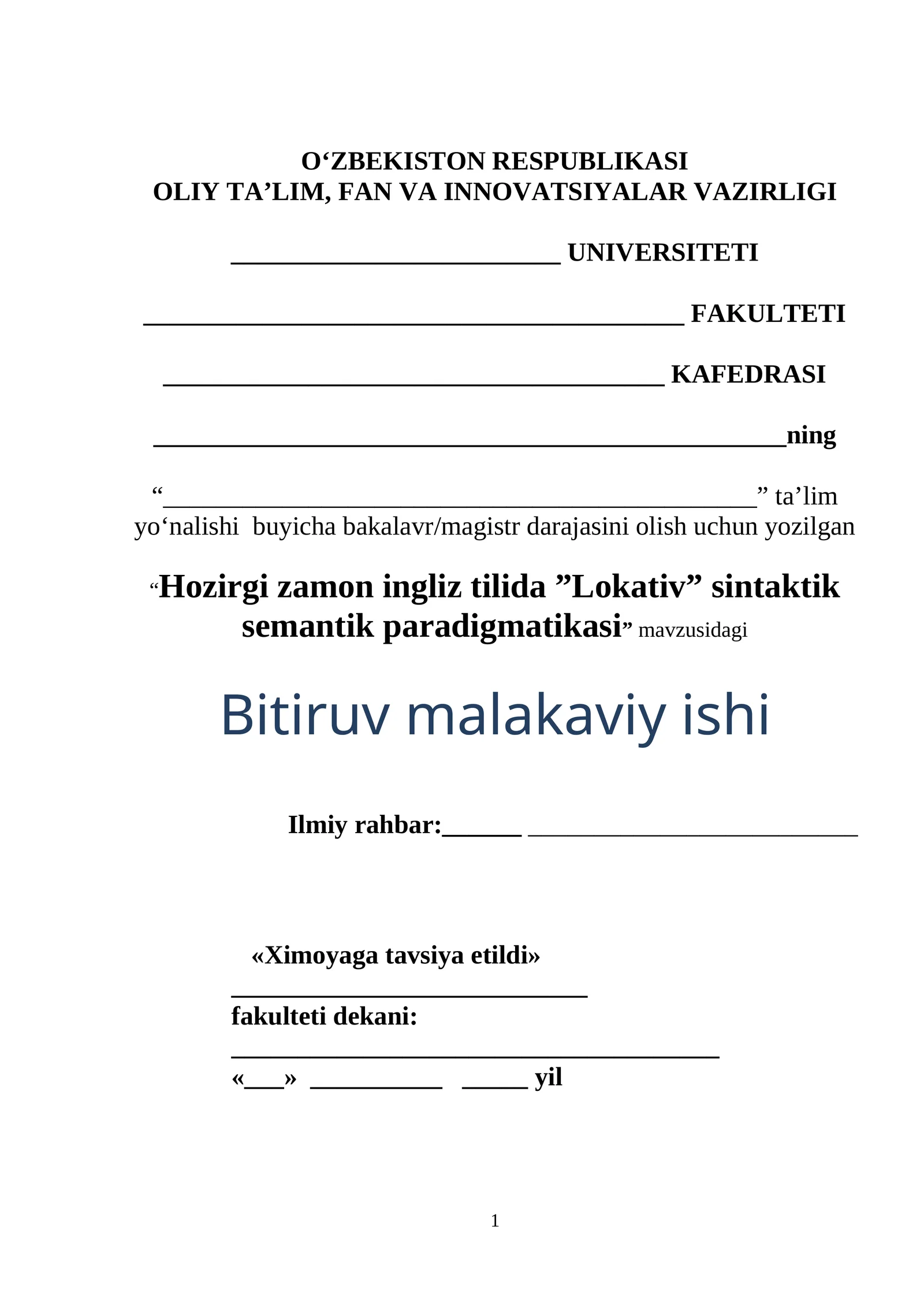 Hozirgi zamon ingliz tilida ”Lokativ” sintaktik semantik paradigmatikasi