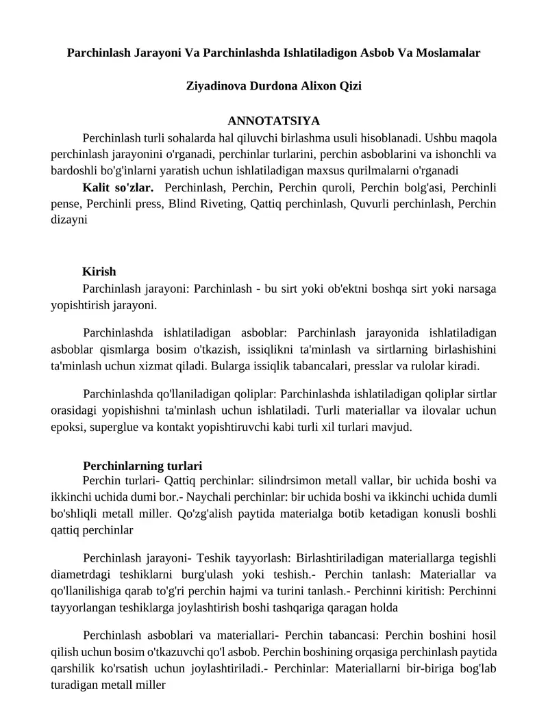 Parchinlash Jarayoni Va Parchinlashda Ishlatiladigon Asbob Va Moslamalar