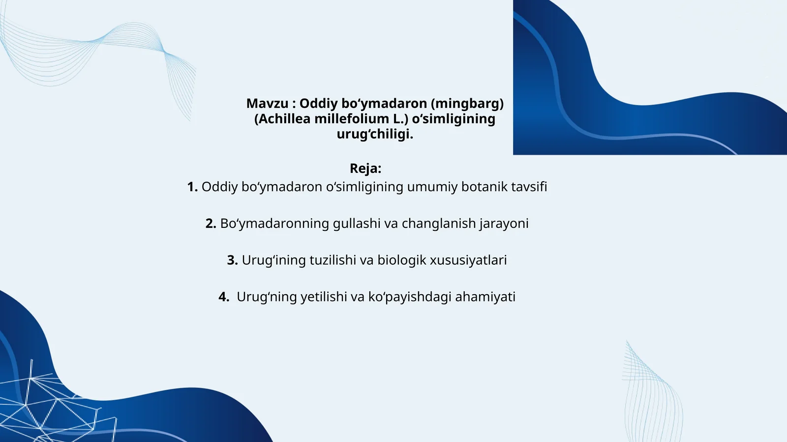 Oddiy bo‘ymadaron (mingbarg) (Achillea millefolium L.) o‘simligining urug‘chiligi