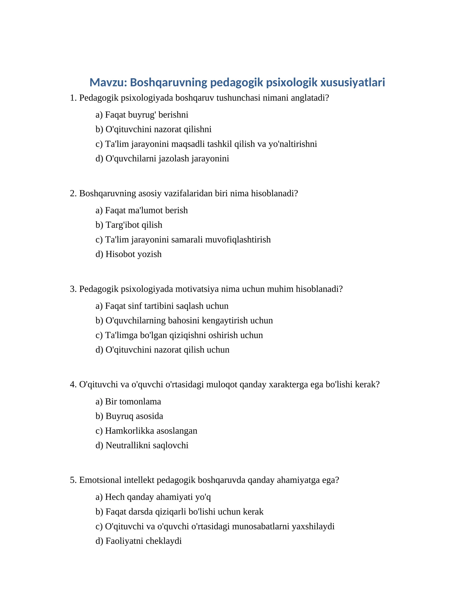 Boshqaruvning pedagogik psixologik xususiyatlari