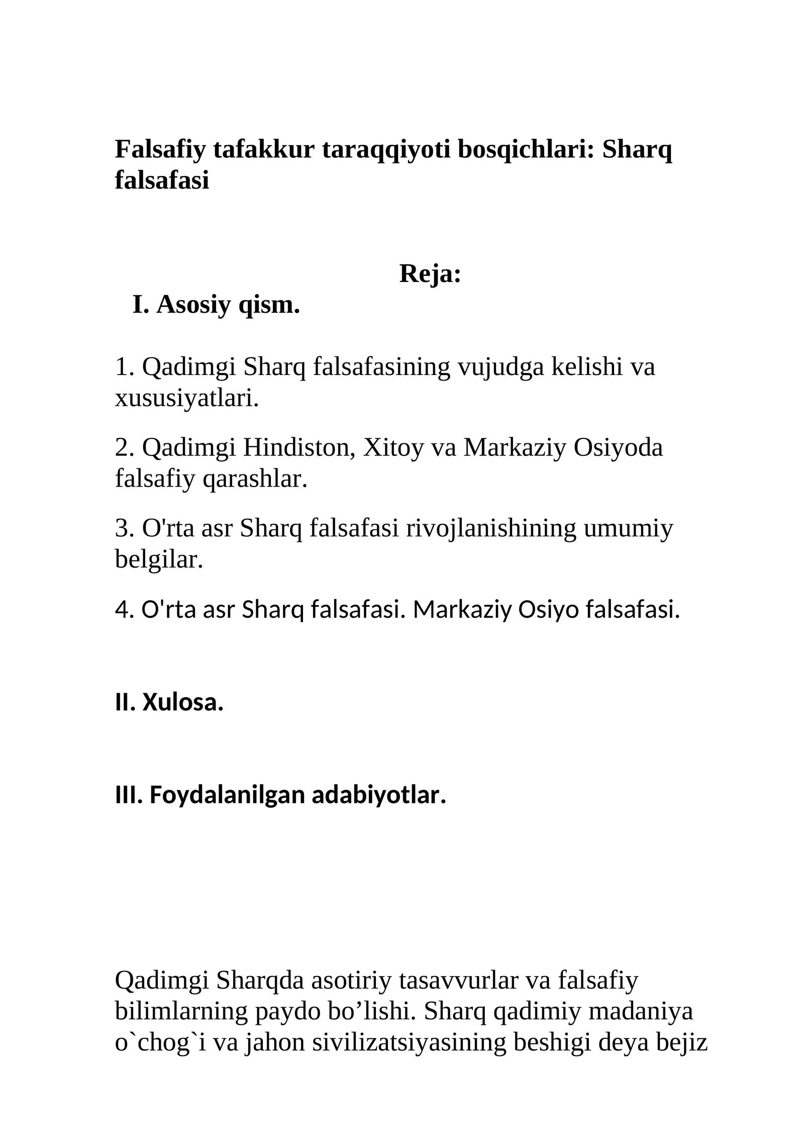 Falsafiy tafakkur taraqqiyoti bosqichlari: Sharq falsafasi