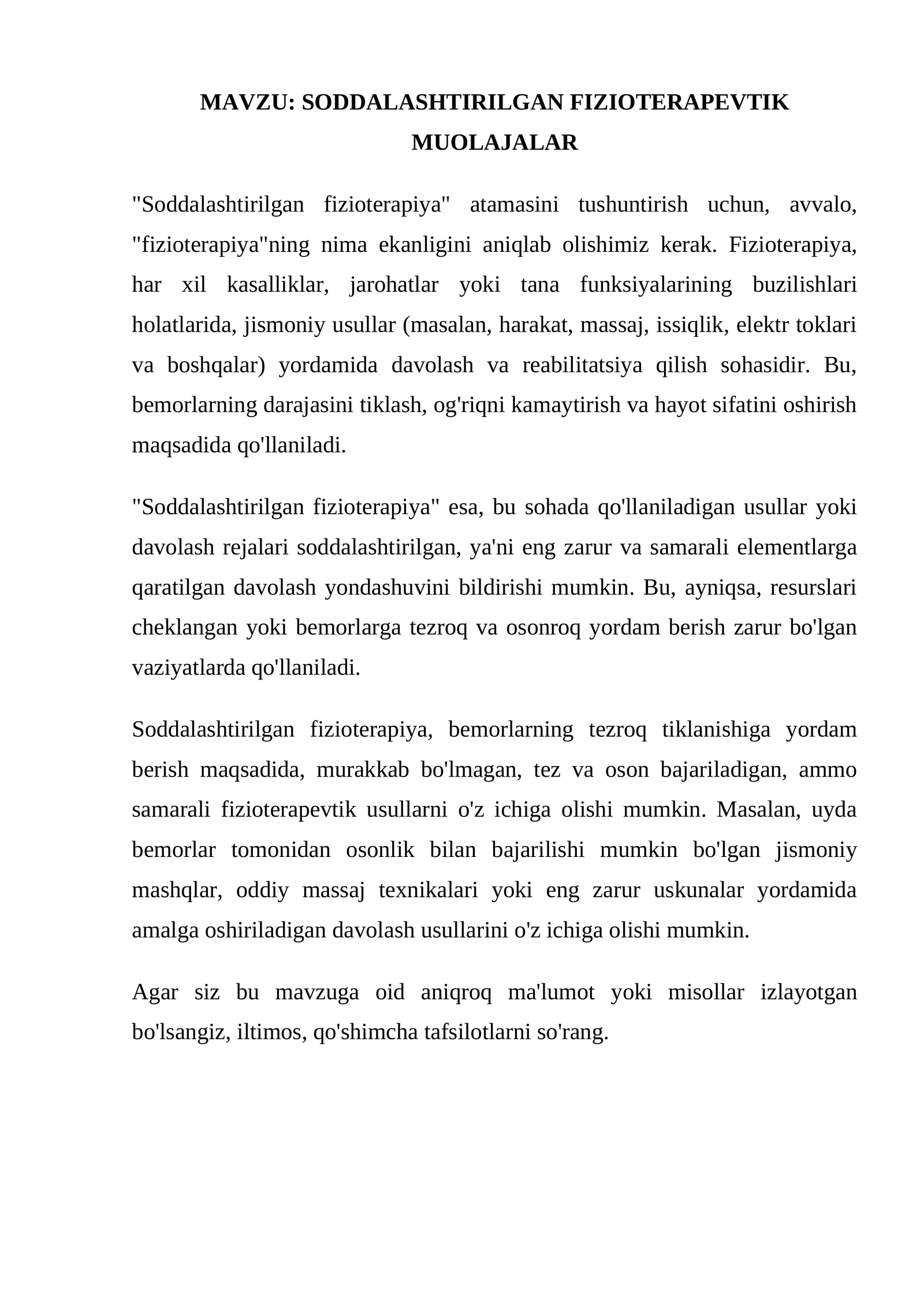 SODDALASHTIRILGAN FIZIOTERAPIYA MUOLAJALARI