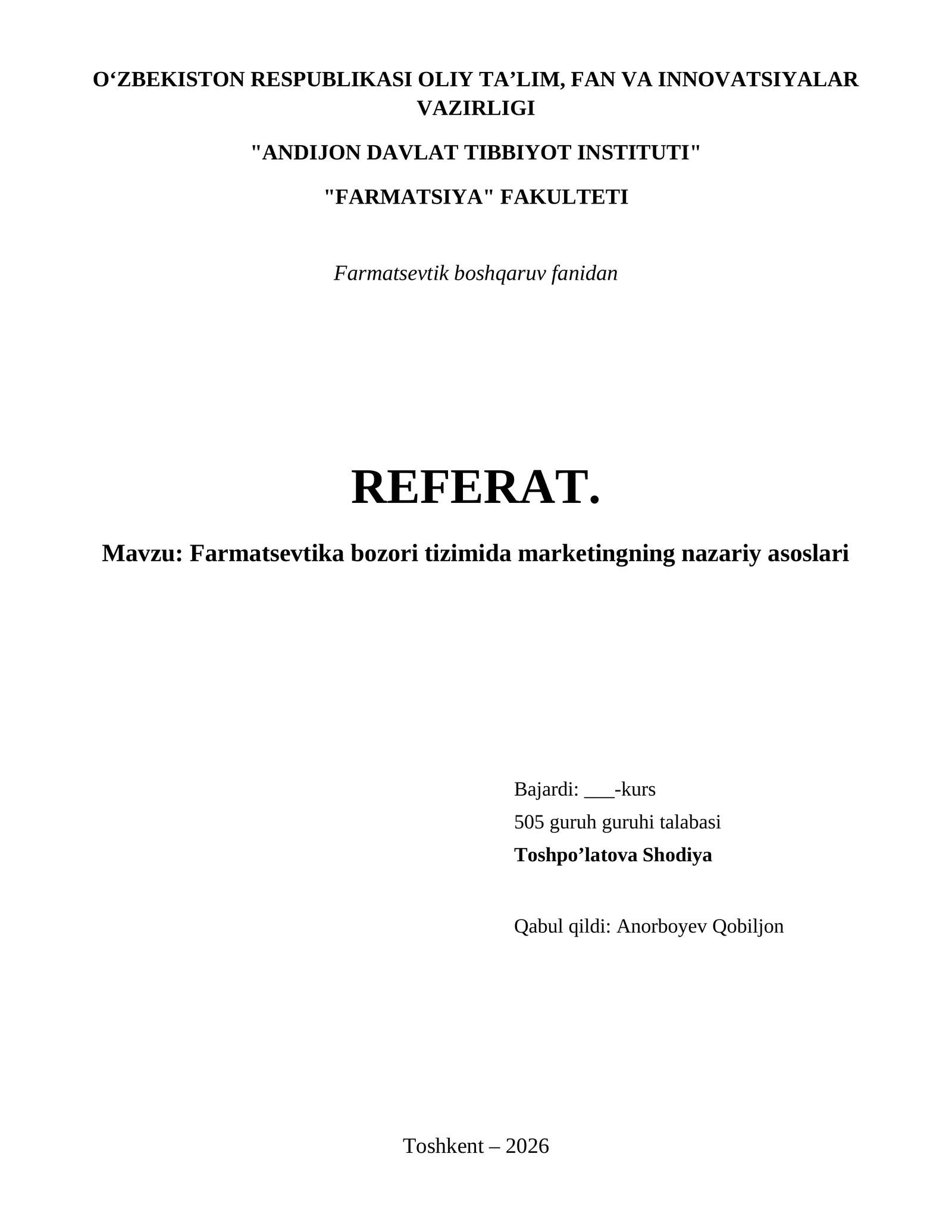 Farmatsevtika bozori tizimida marketingning nazariy asoslari