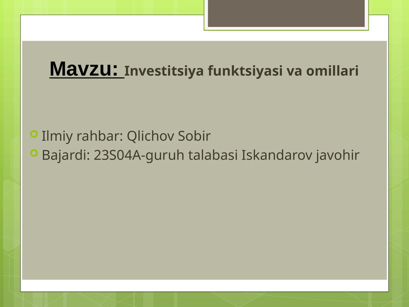 Investitsiya funktsiyasi va omillari