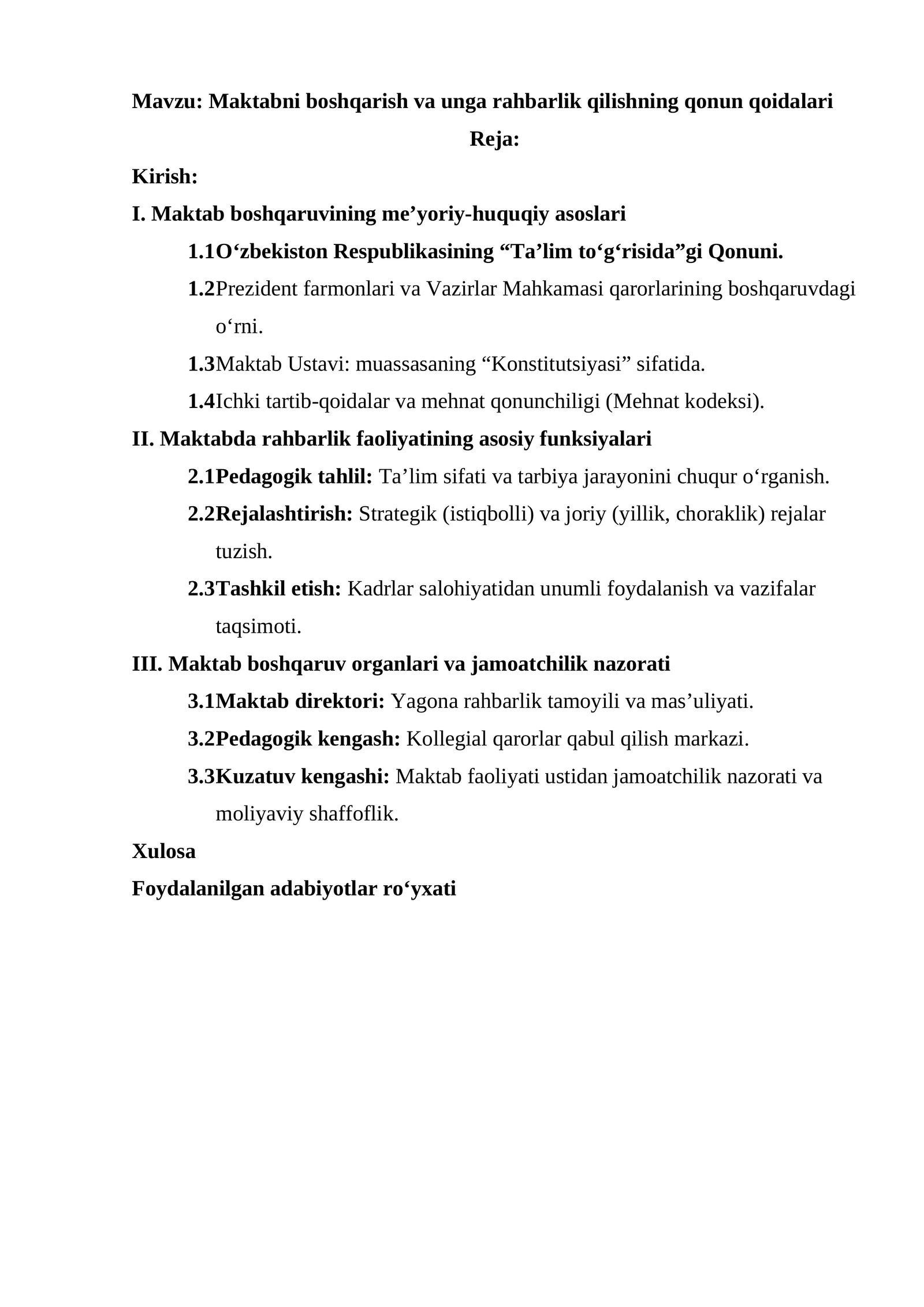 Maktabni boshqarish va unga rahbarlik qilishning qonun qoidalari