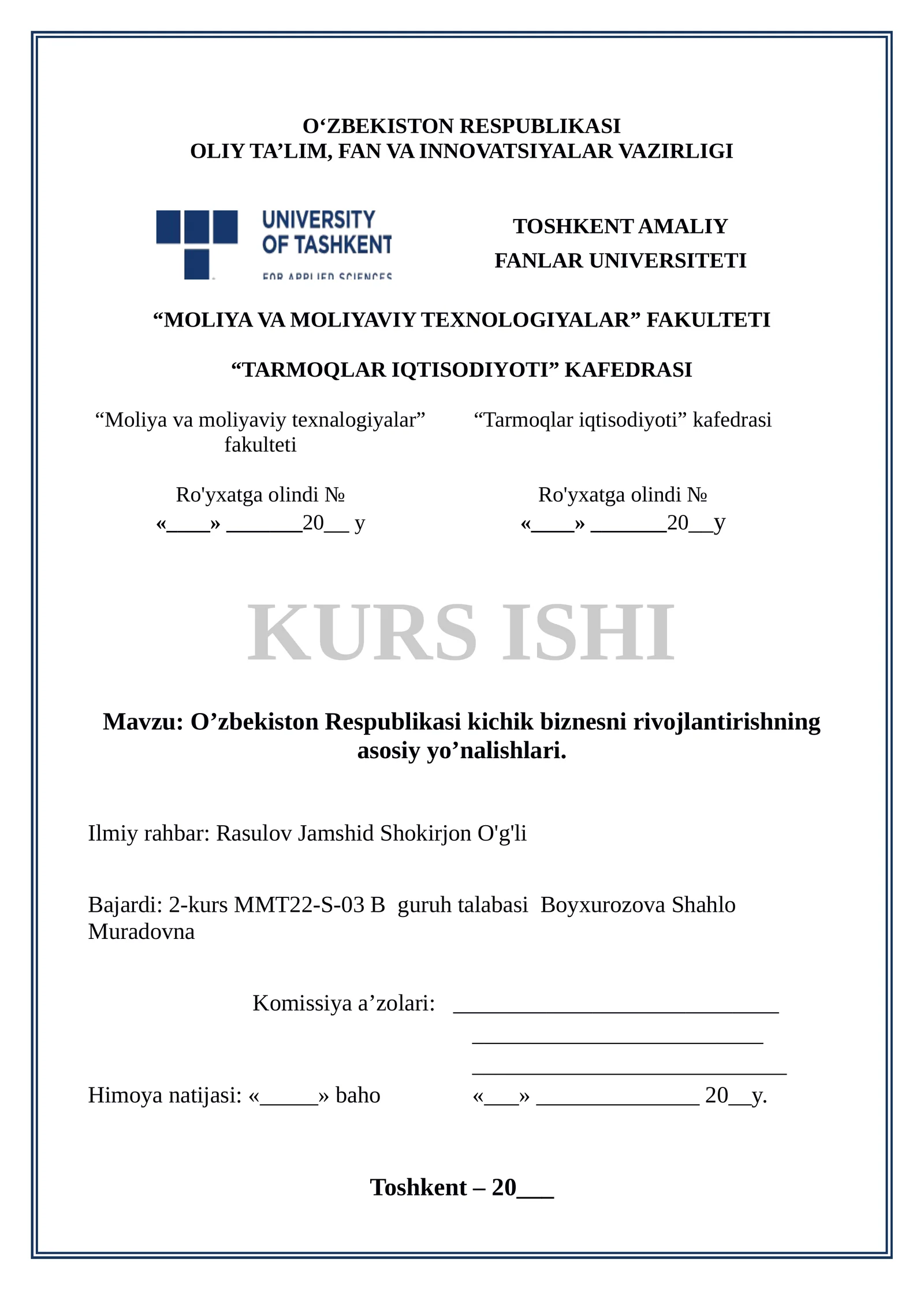 O’zbekiston Respublikasi kichik biznesni rivojlantirishning asosiy yo’nalishlari