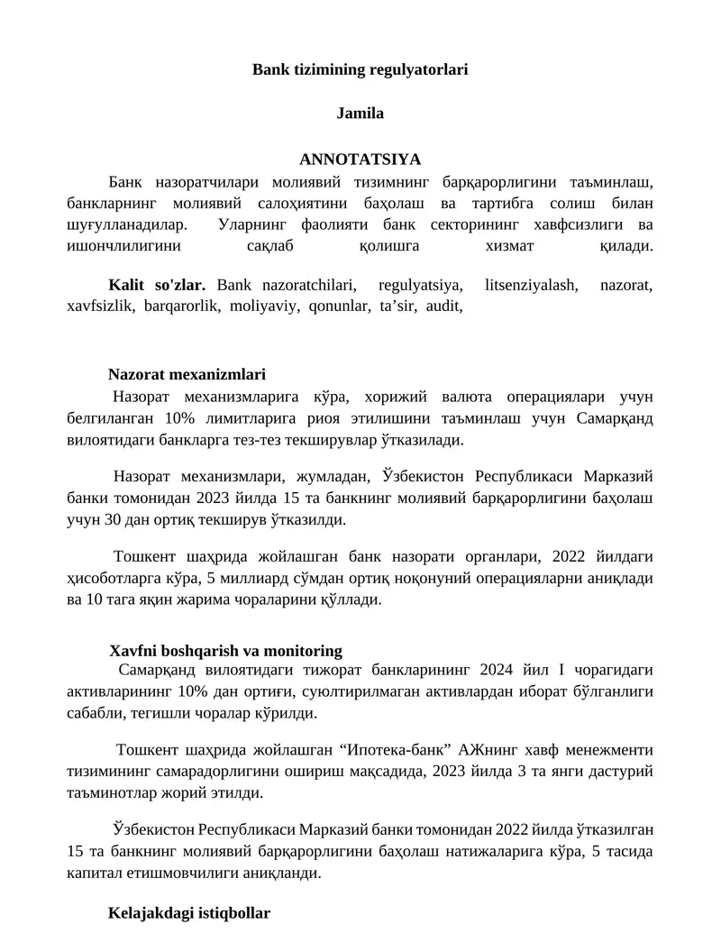 Bank tizimining regulyatorlari