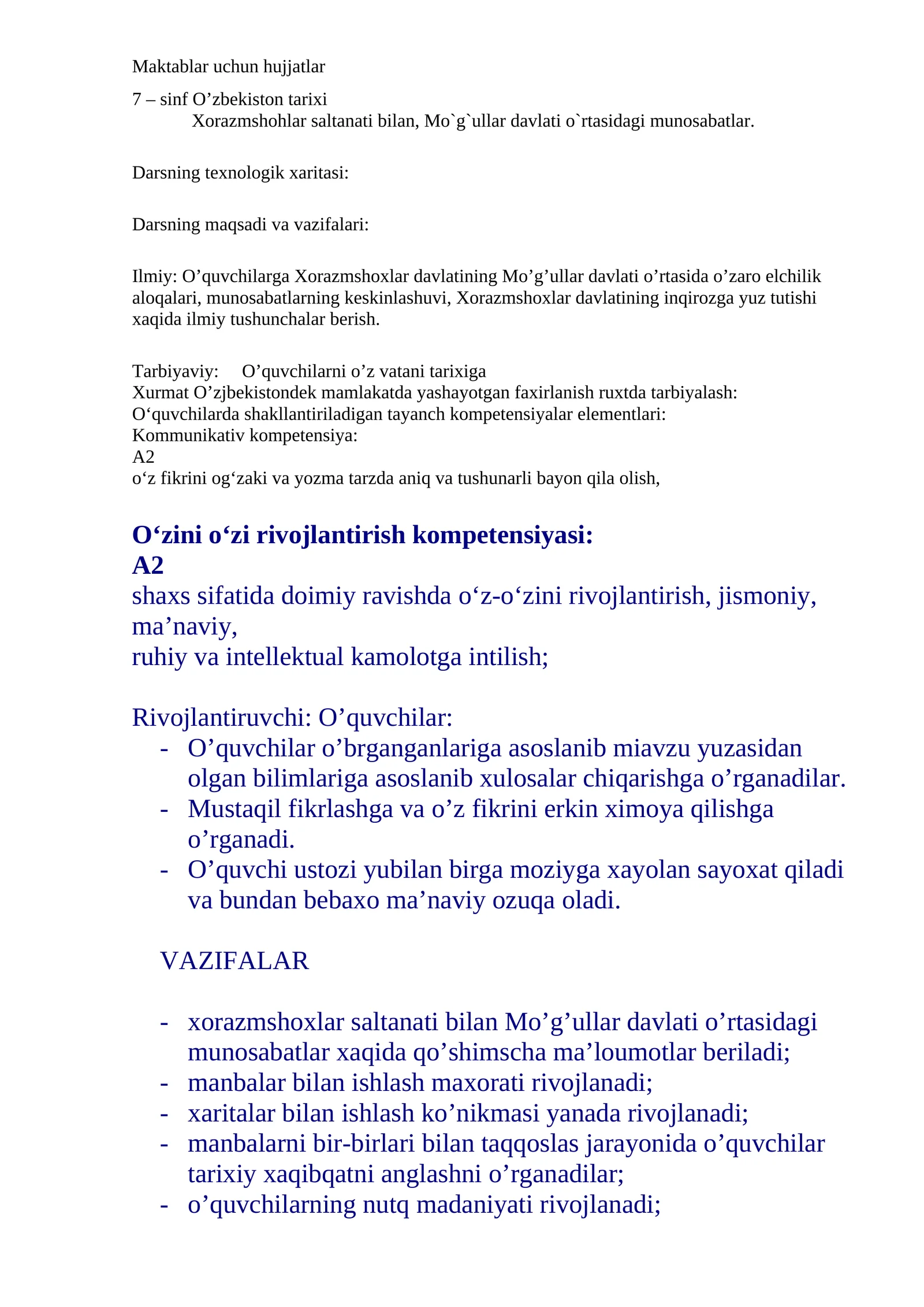 7 – sinf O’zbekiston tarixi