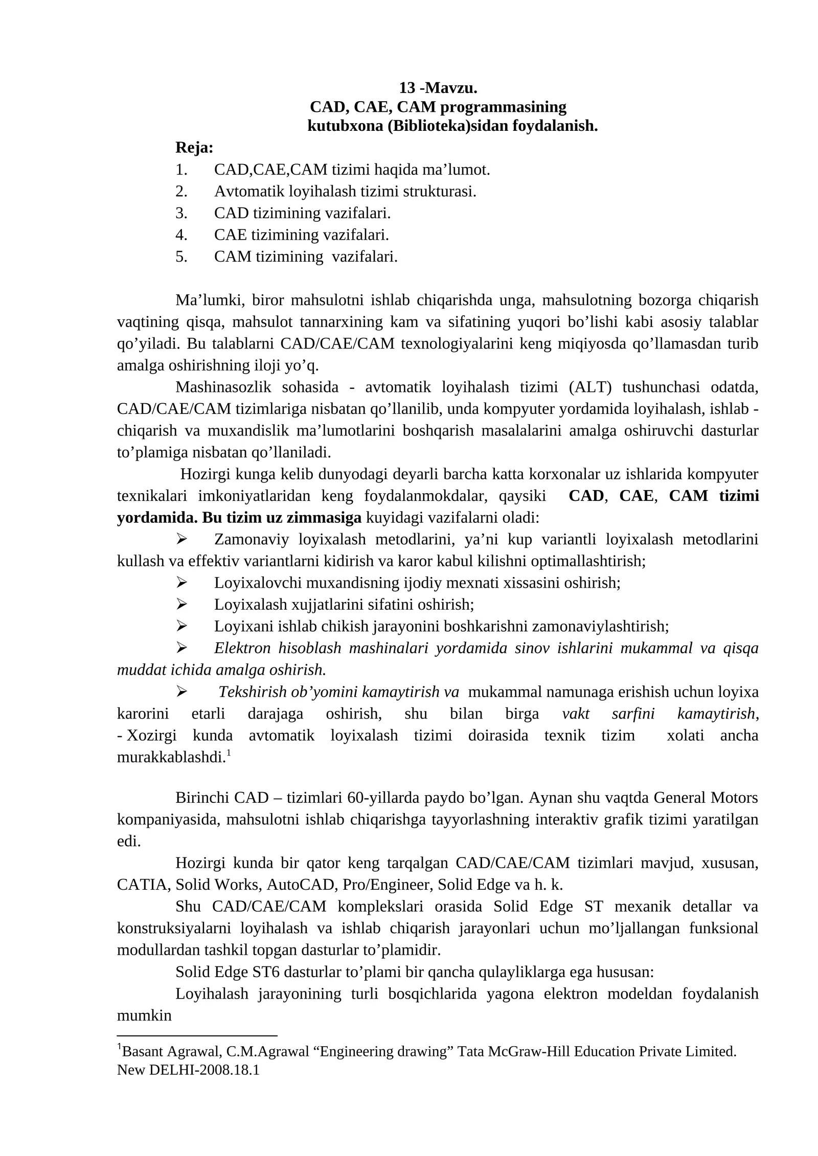 CAD, CAE, CAM programmasining kutubxona (Biblioteka)sidan foydalanish