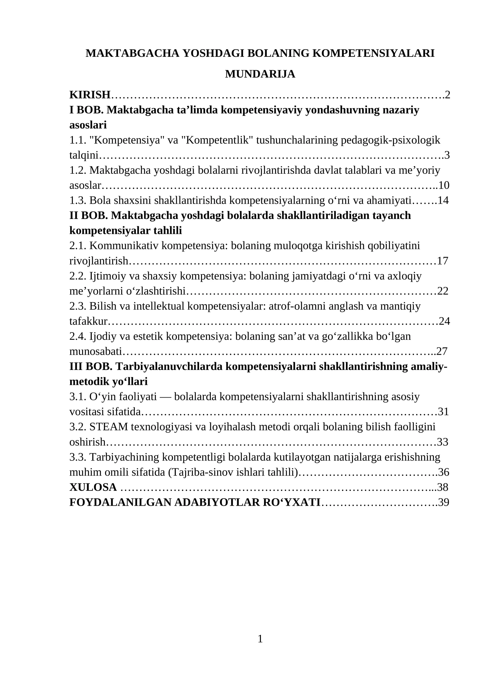 MAKTABGACHA YOSHDAGI BOLANING KOMPETENSIYALARI