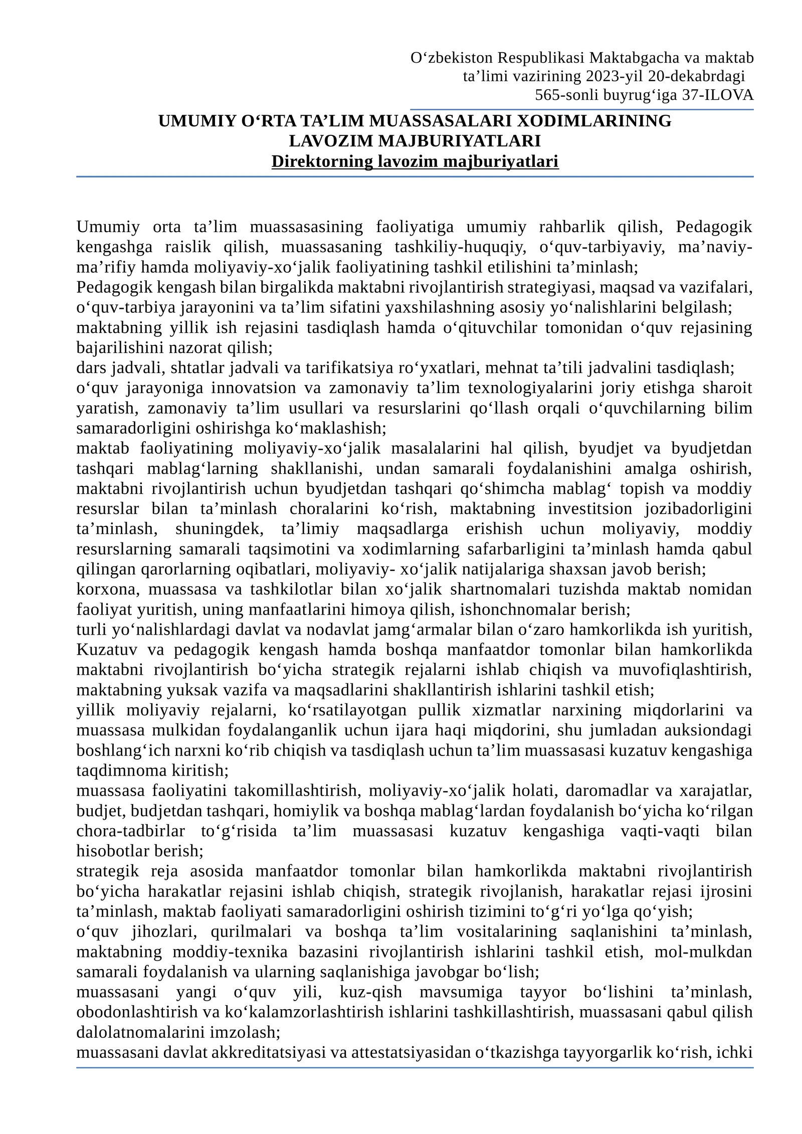 UMUMIY O‘RTA TA’LIM MUASSASALARI XODIMLARINING LAVOZIM MAJBURIYATLARI