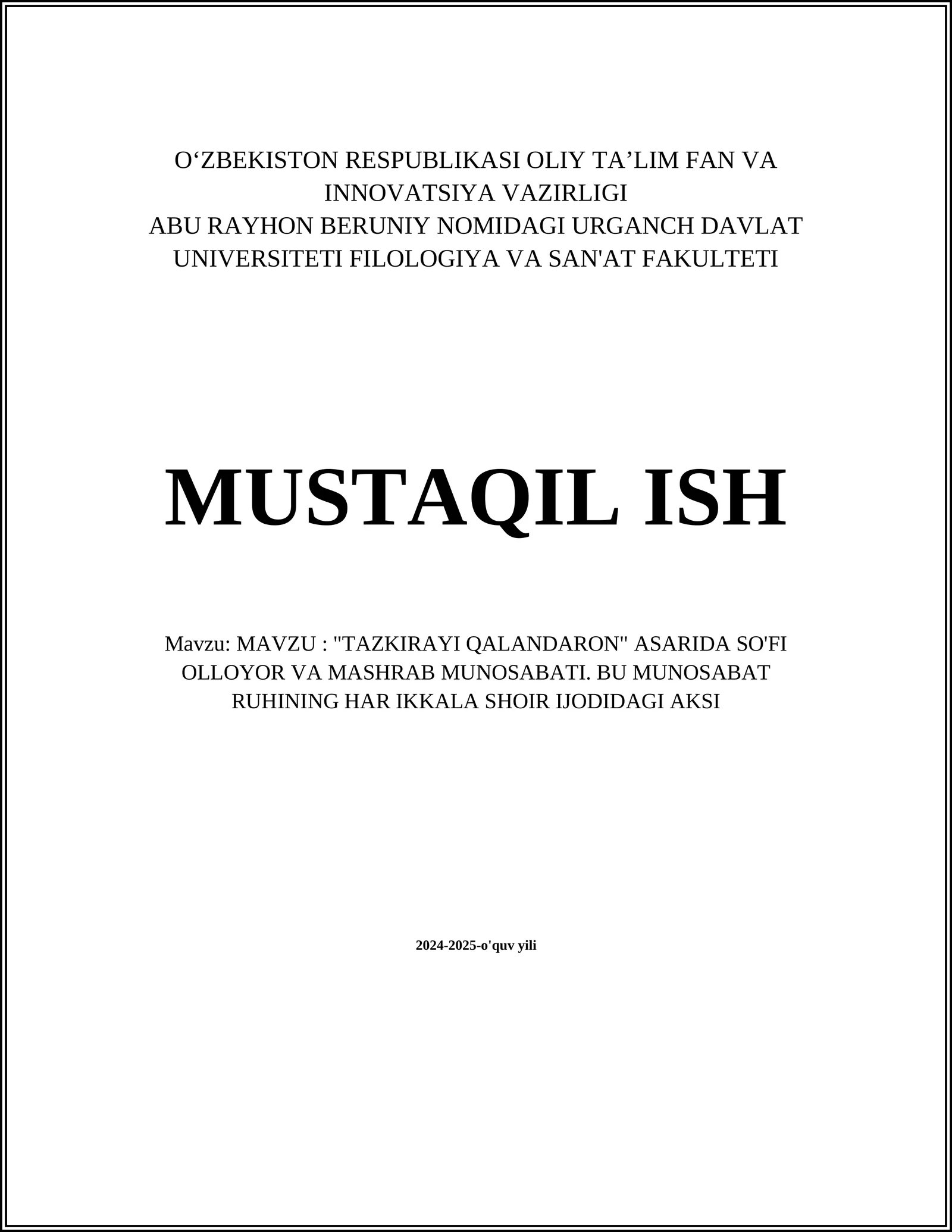 "TAZKIRAYI QALANDARON" ASARIDA SO'FI OLLOYOR VA MASHRAB MUNOSABATI. BU MUNOSABAT RUHINING HAR IKKALA SHOIR IJODIDAGI AKSI