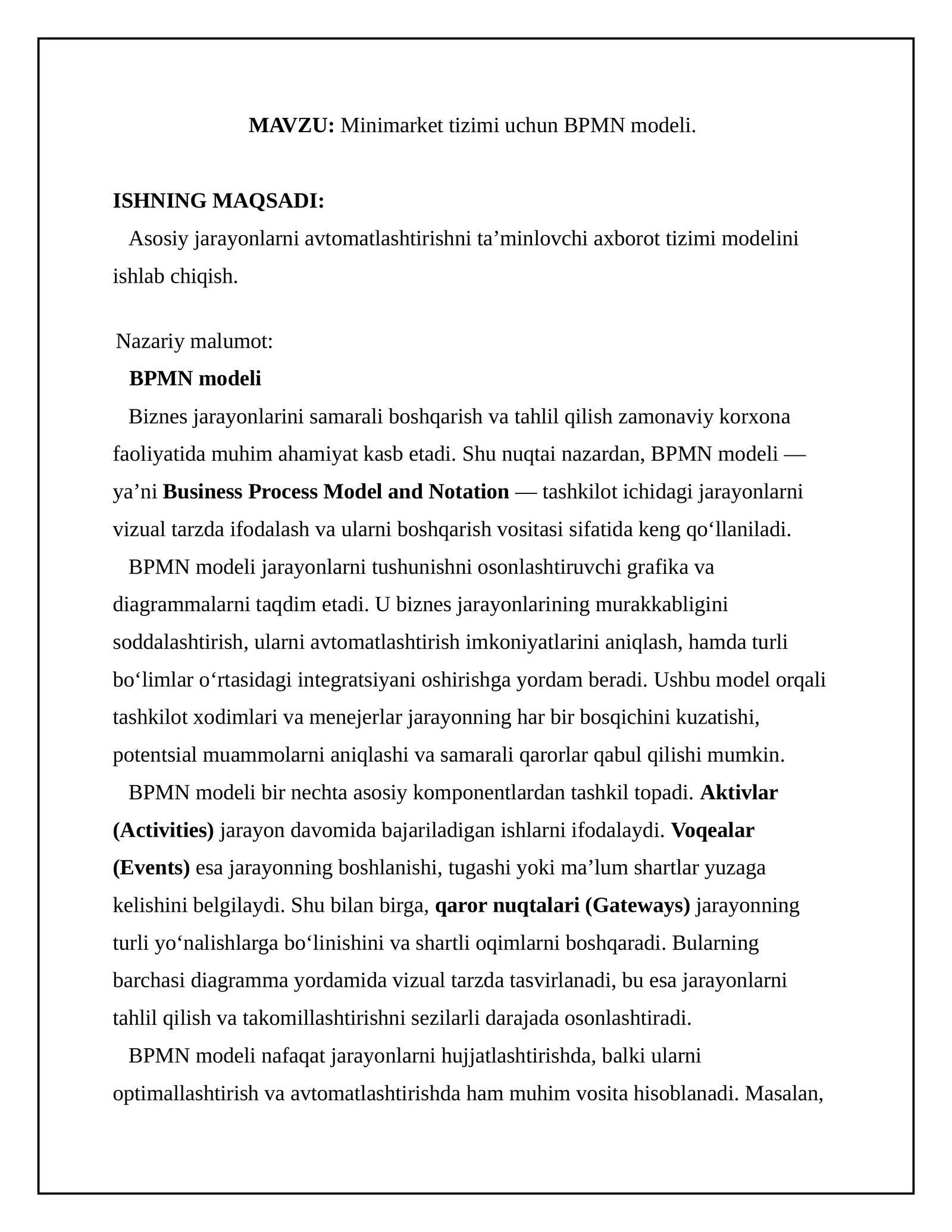 Minimarket tizimi uchun BPMN modeli