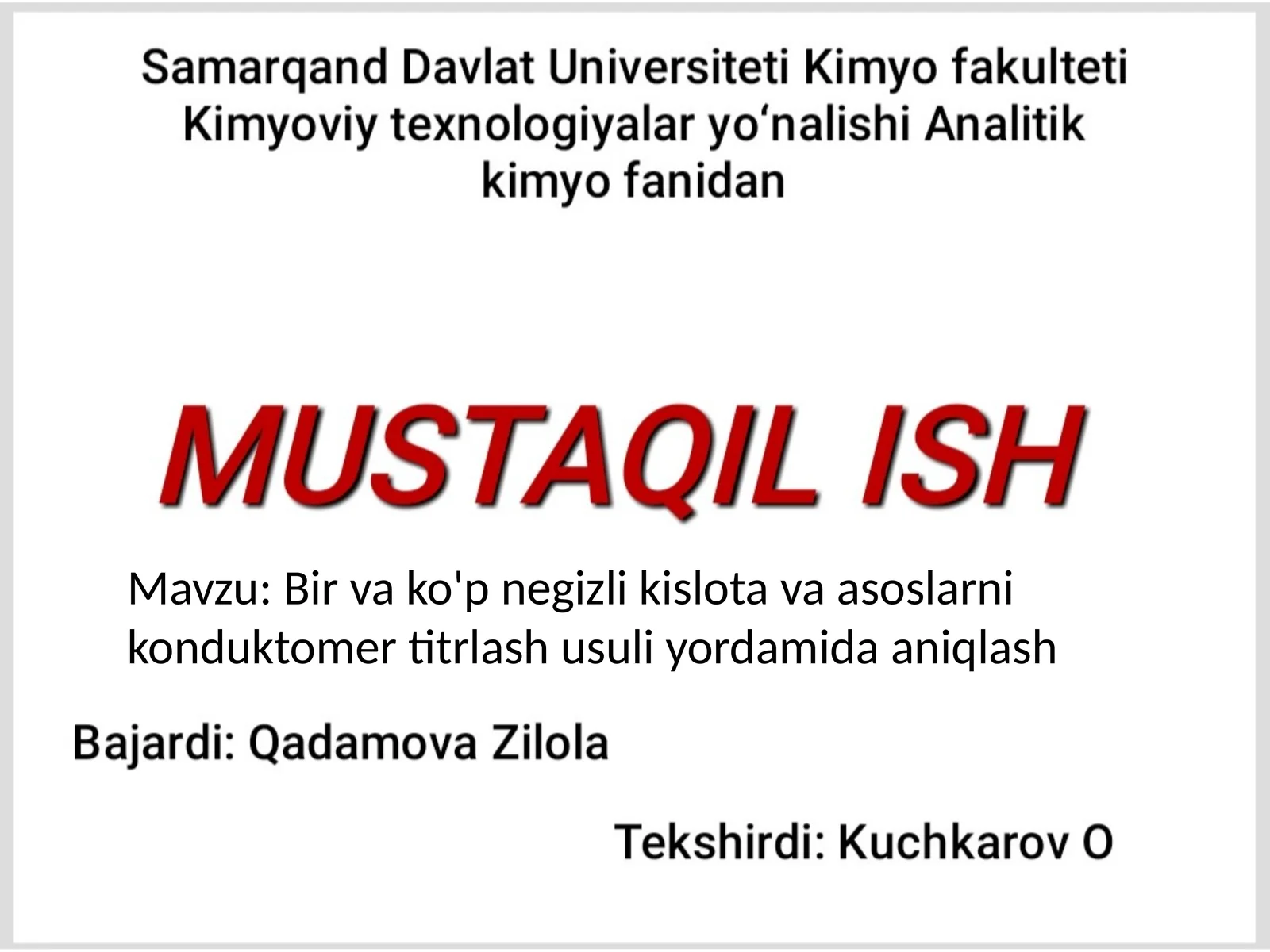 Bir va ko'p negizli kislota va asoslarni konduktomer titrlash usuli yordamida aniqlash