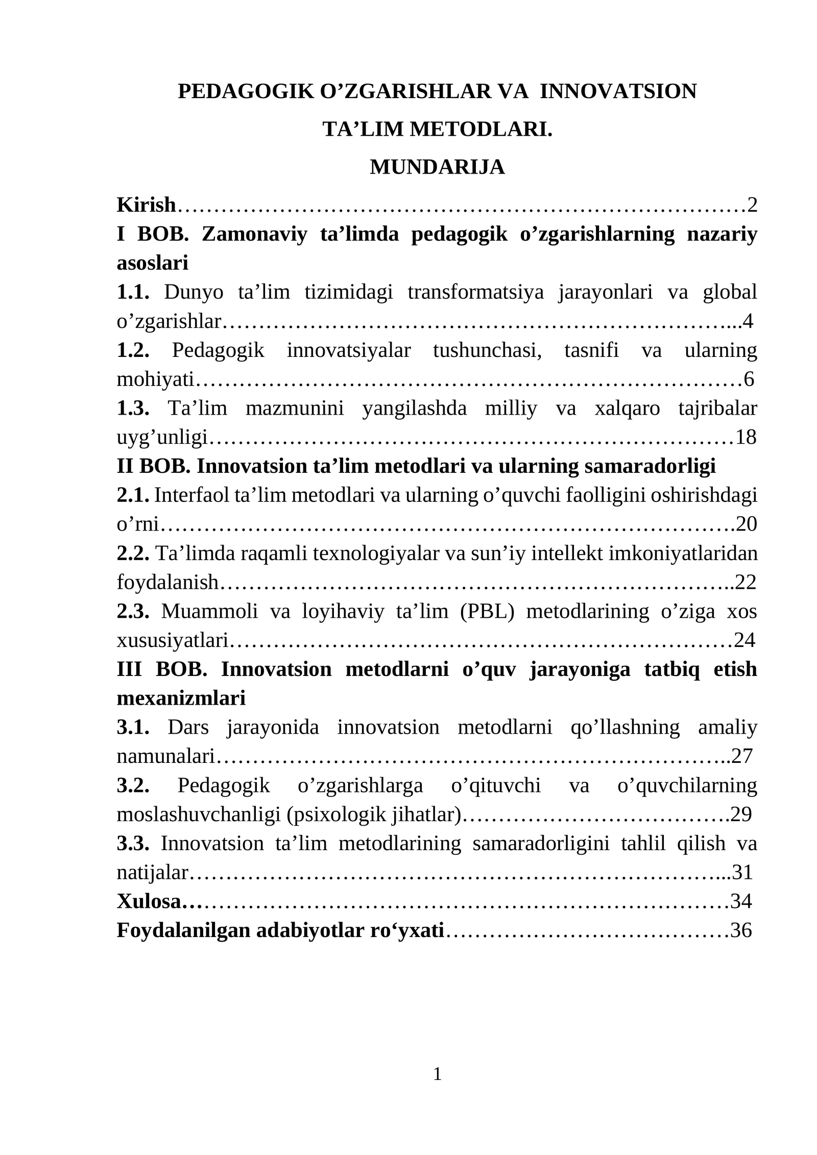 PEDAGOGIK O’ZGARISHLAR VA INNOVATSION TA’LIM METODLARI