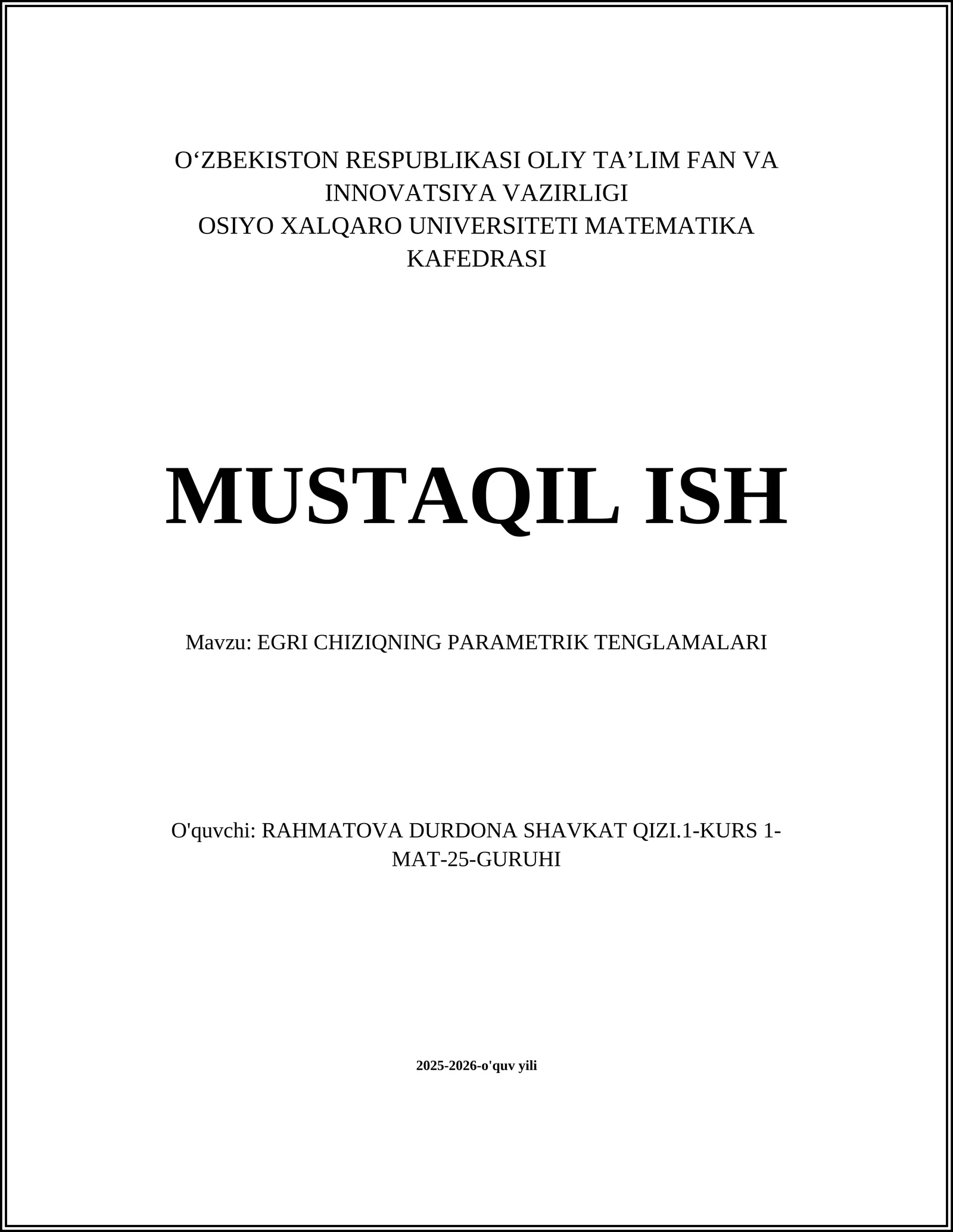 EGRI CHIZIQNING PARAMETRIK TENGLAMALARI