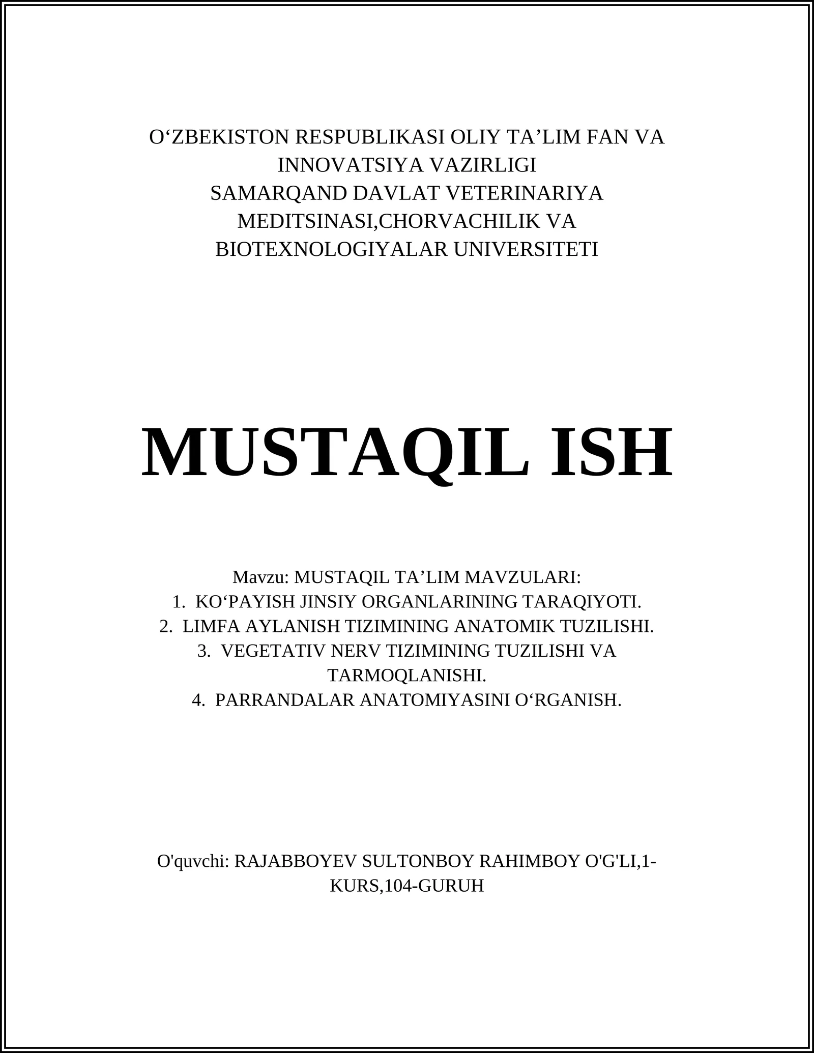 MUSTAQIL TA’LIM MAVZULARI: