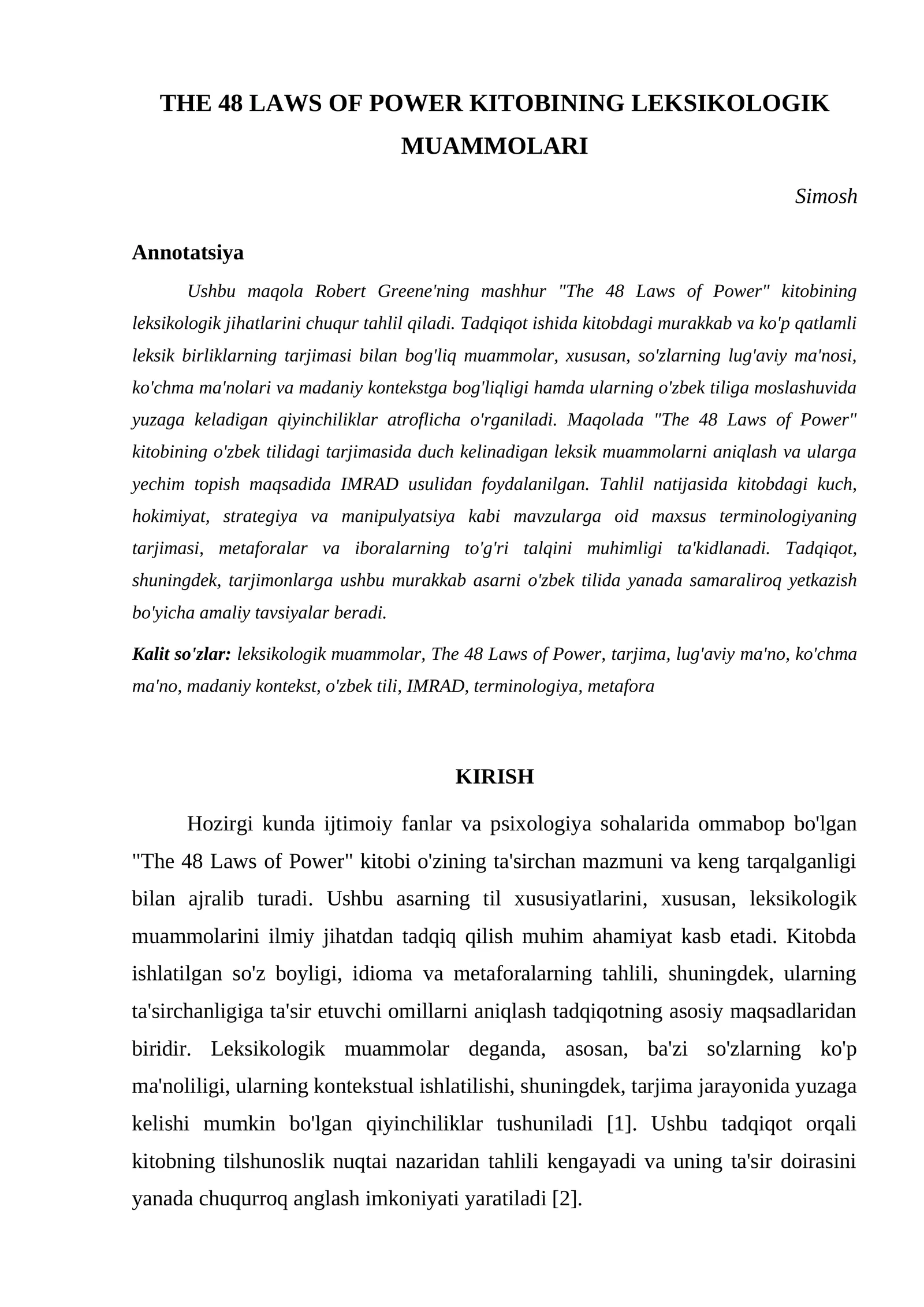 THE 48 LAWS OF POWER KITOBINING LEKSIKOLOGIK MUAMMOLARI