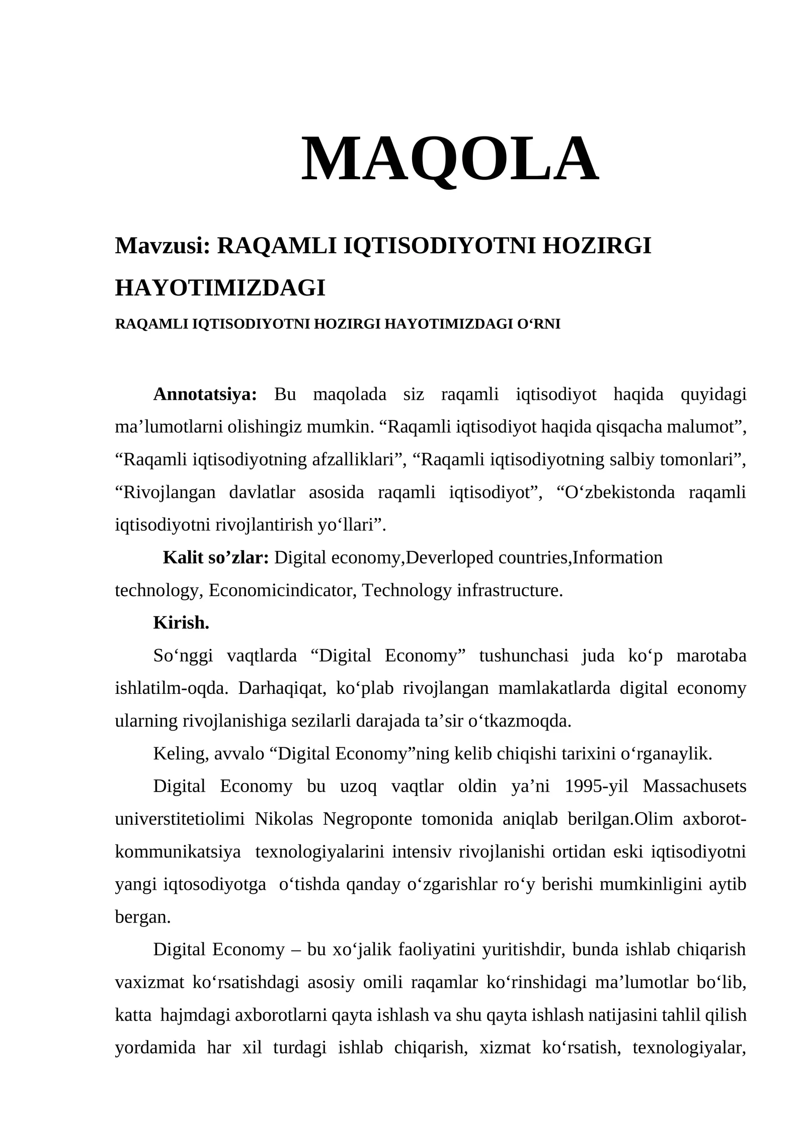 RAQAMLI IQTISODIYOTNI HOZIRGI HAYOTIMIZDAGI