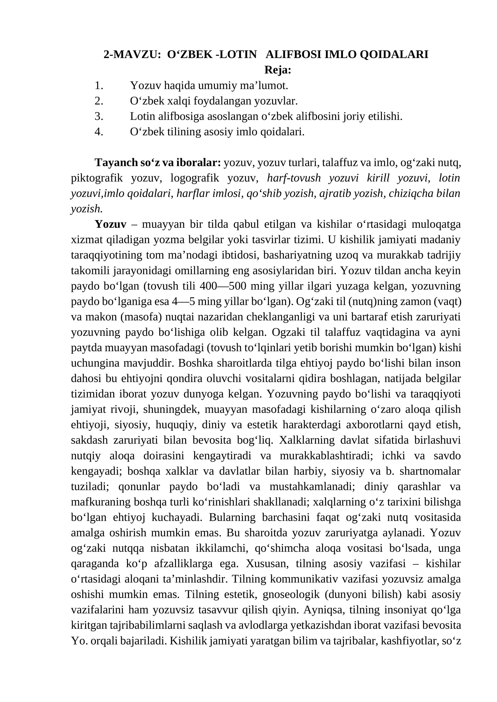 O‘ZBEK -LOTIN ALIFBOSI IMLO QOIDALARI
