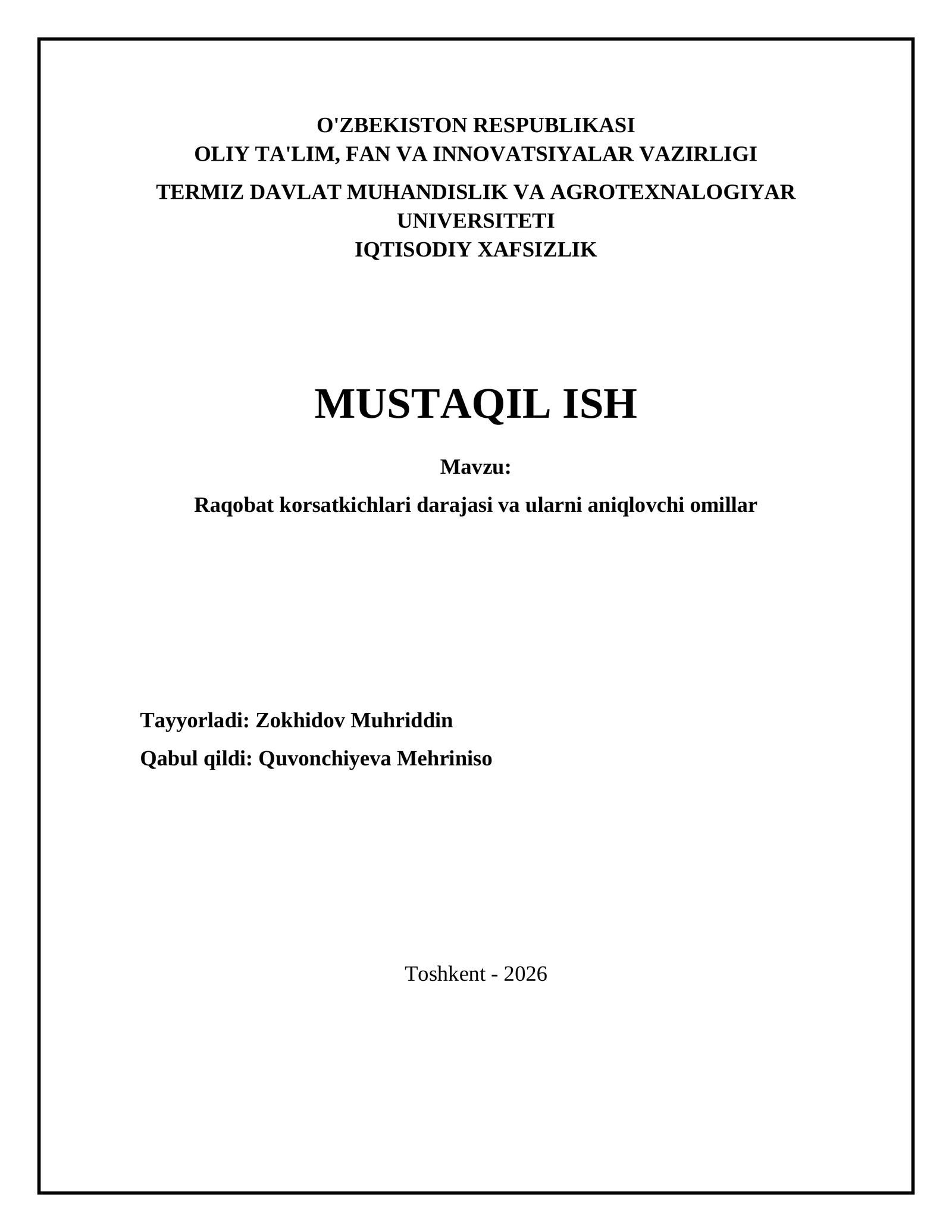 Raqobat korsatkichlari darajasi va ularni aniqlovchi omillar