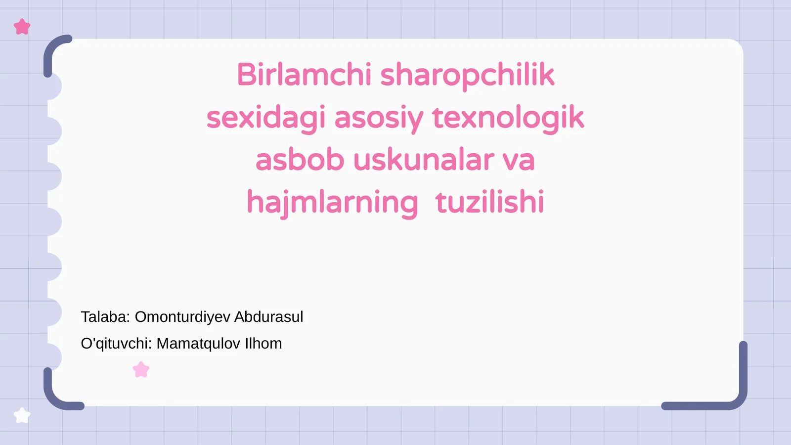 Birlamchi sharopchilik sexidagi asosiy texnologik asbob uskunalar va hajmlarning tuzilishi