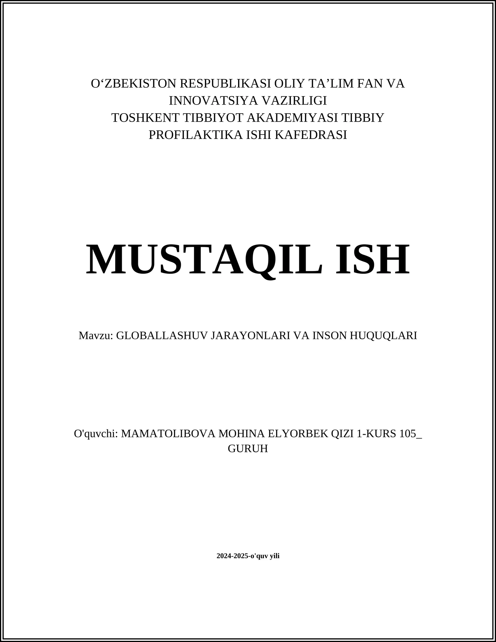 GLOBALLASHUV JARAYONLARI VA INSON HUQUQLARI