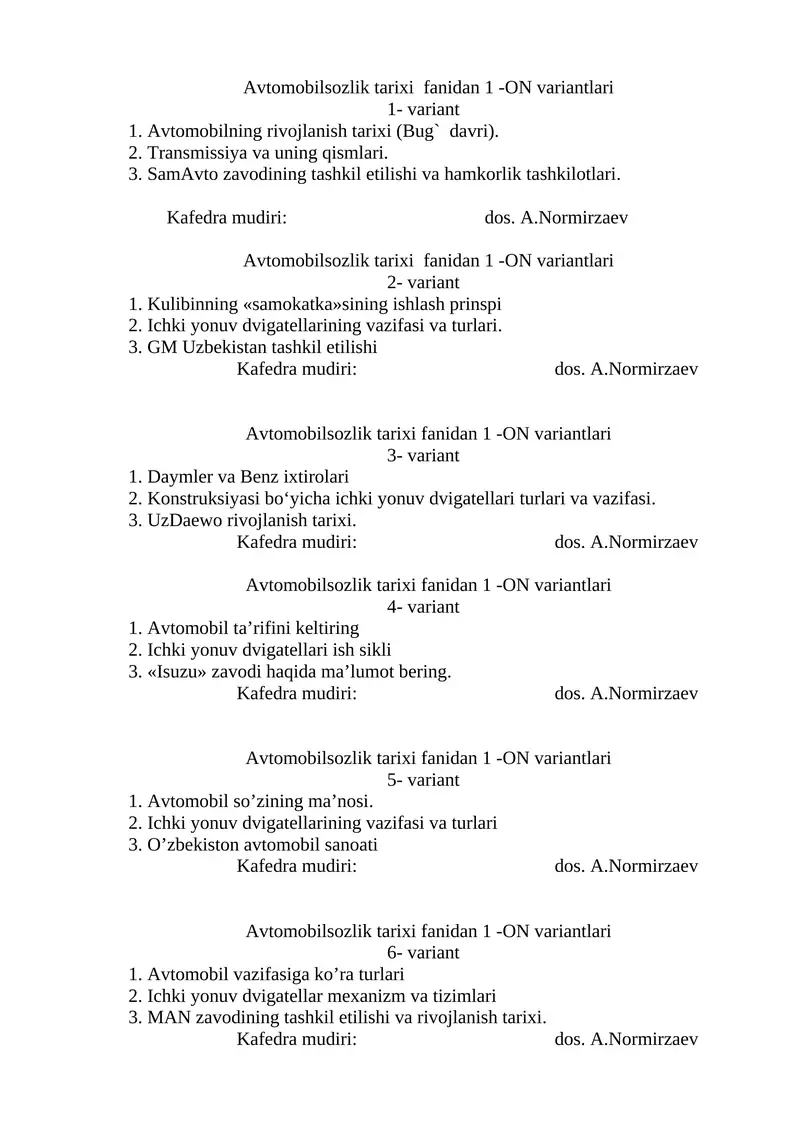 Avtomobilsozlik tarixi fanidan 1 -ON variantlari