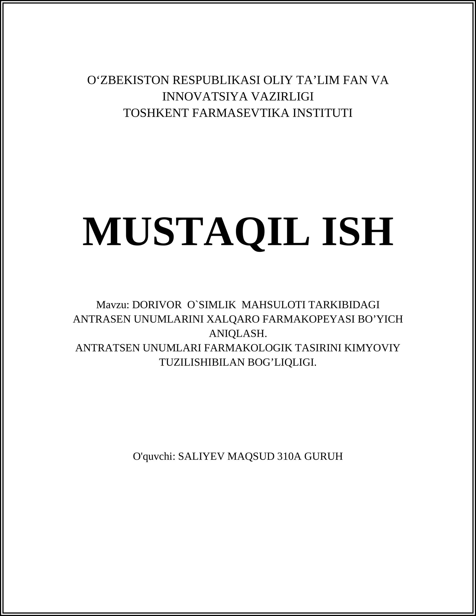 Dorivor O'simlik Mahsuloti Tarkibidagi Antrasen Unumlari