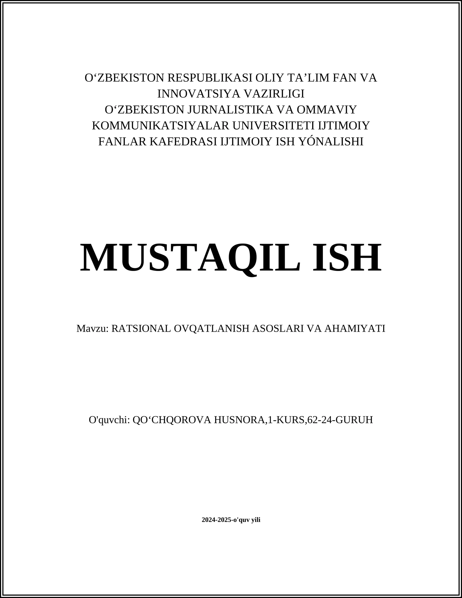 RATSIONAL OVQATLANISH ASOSLARI VA AHAMIYATI
