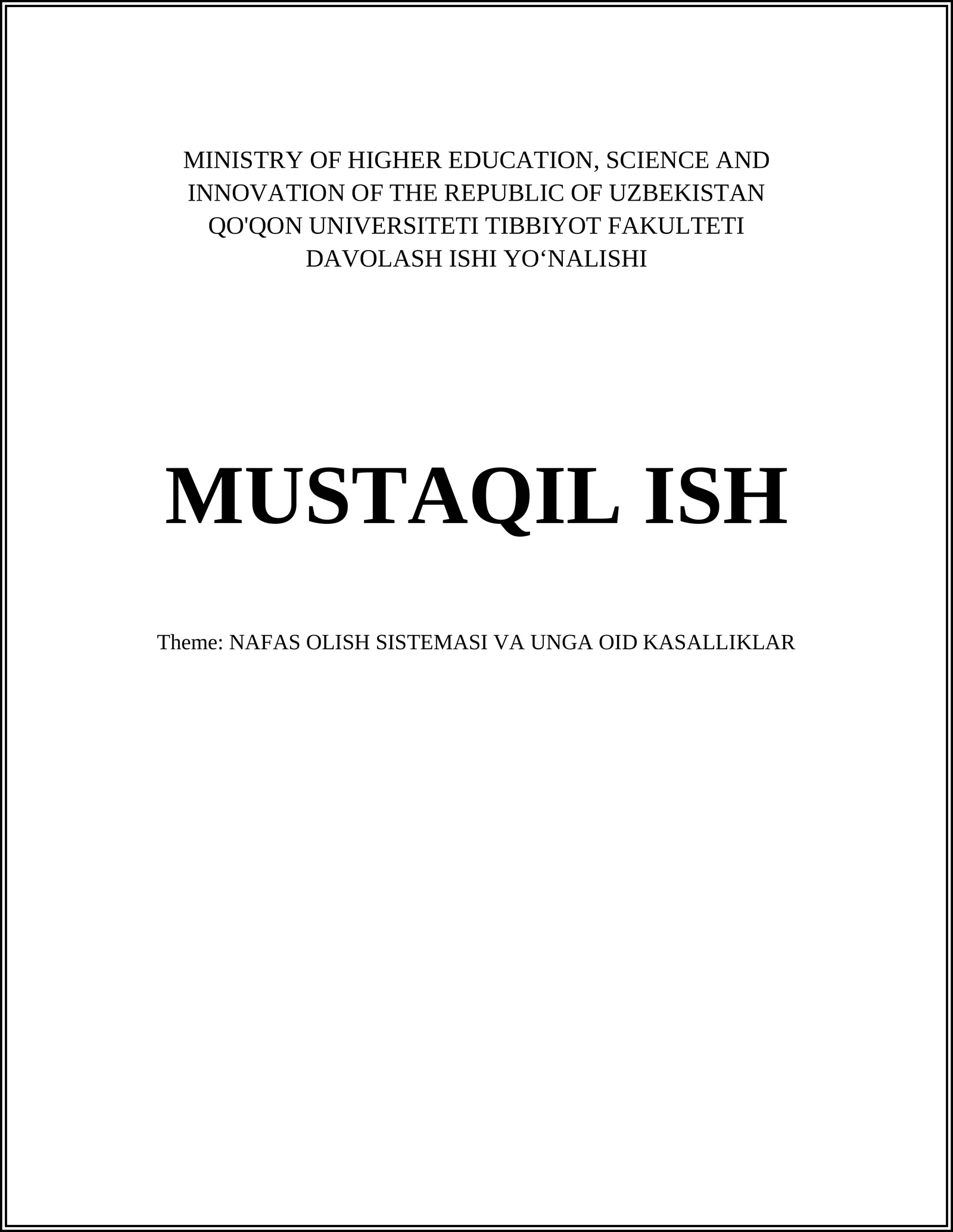 QO'QON UNIVERSITETI TIBBIYOT FAKULTETI DAVOLASH ISHI YOʻNALISHI