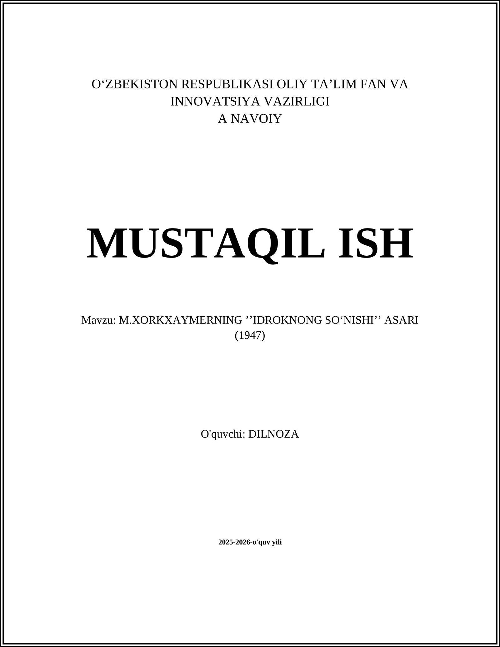M.XORKXAYMERNING ʼʼIDROKNONG SOʻNISHIʼʼ ASARI (1947)